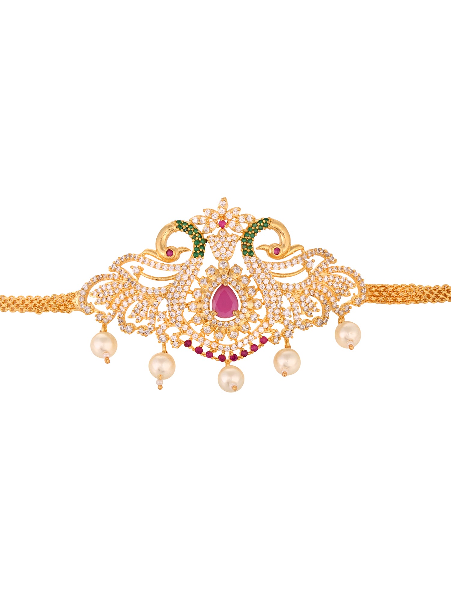 Gold Plated Red AD Studded Peacock Temple Armlet