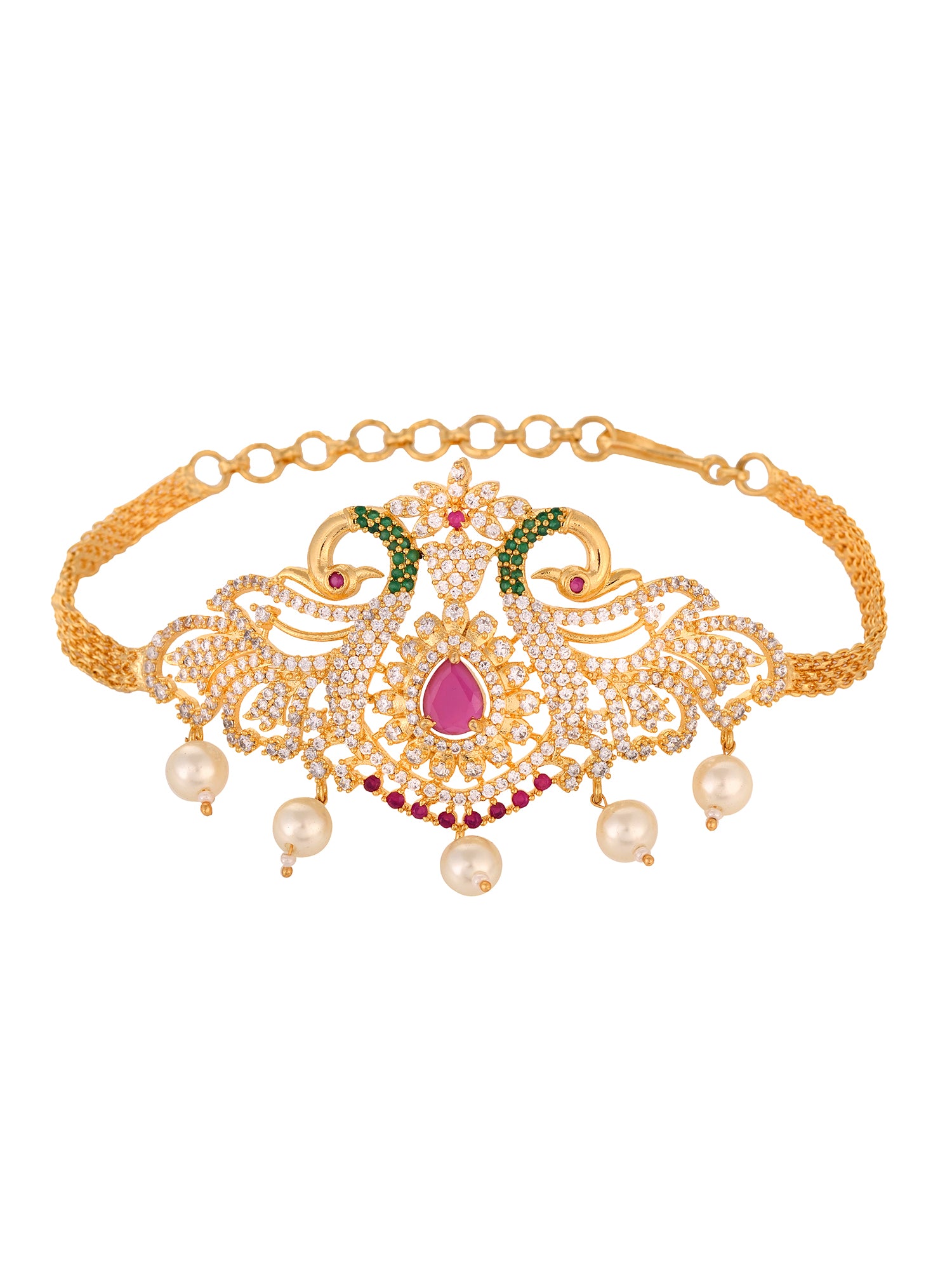 Gold Plated Red AD Studded Peacock Temple Armlet