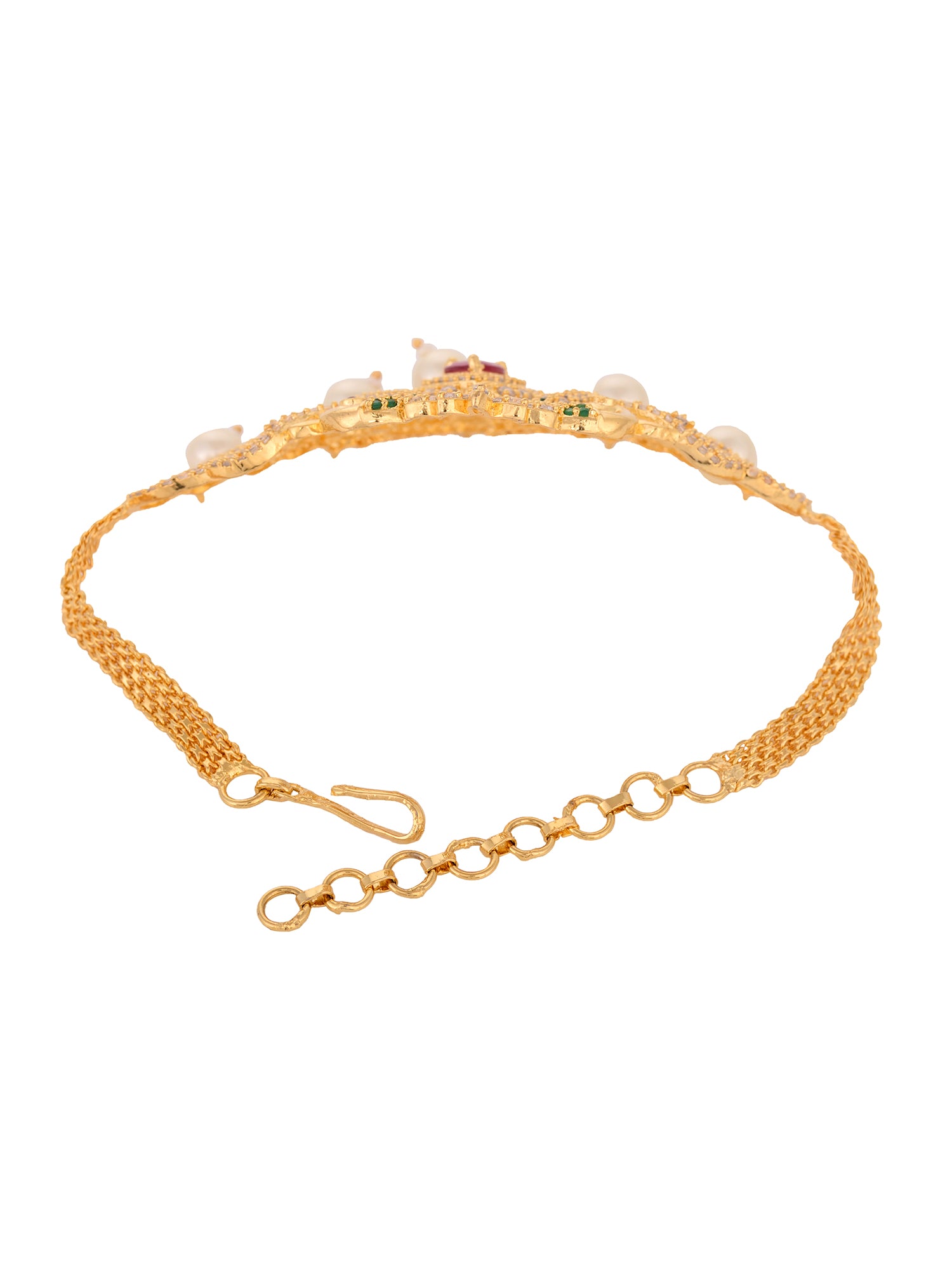 Gold Plated Red AD Studded Peacock Temple Armlet