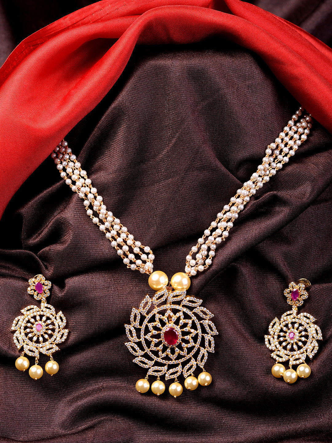 Gold Plated Multi AD Studded & Pearl Beaded traditional Pendant Jewellery Set