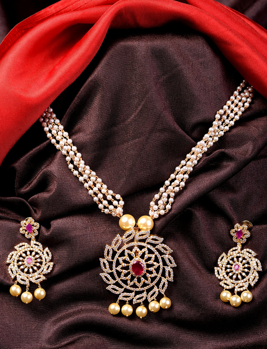 Gold Plated Multi AD Studded & Pearl Beaded traditional Pendant Jewellery Set