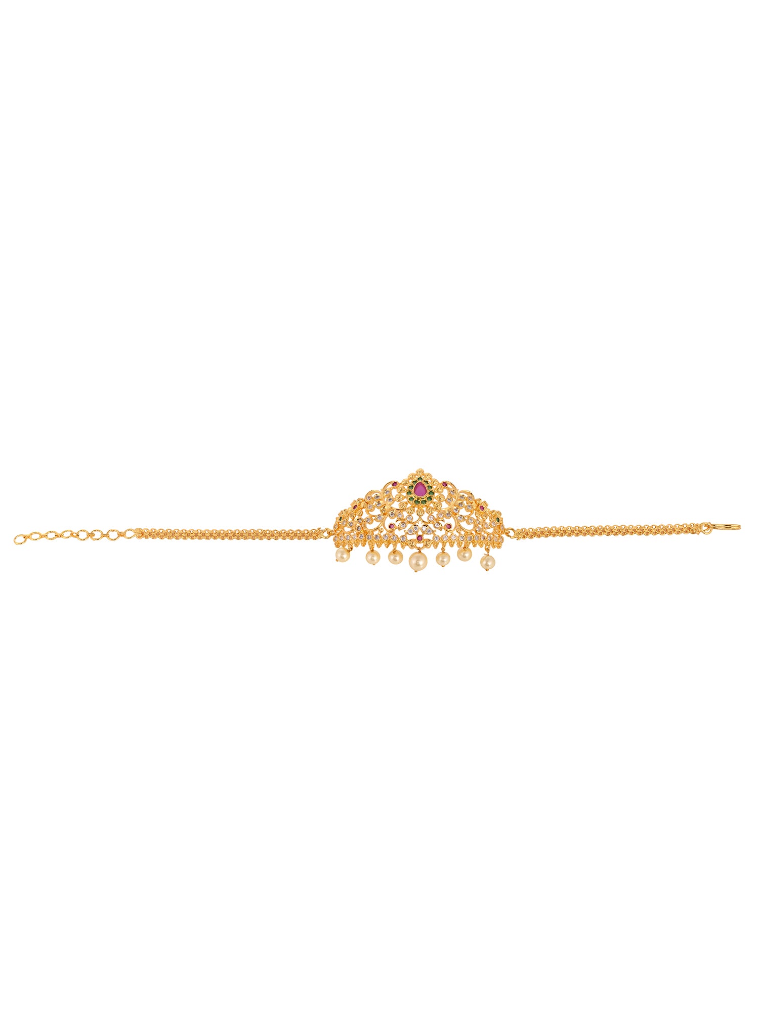 Gold Plated Red AD Studded Pearl Beaded Armlet Bracelet