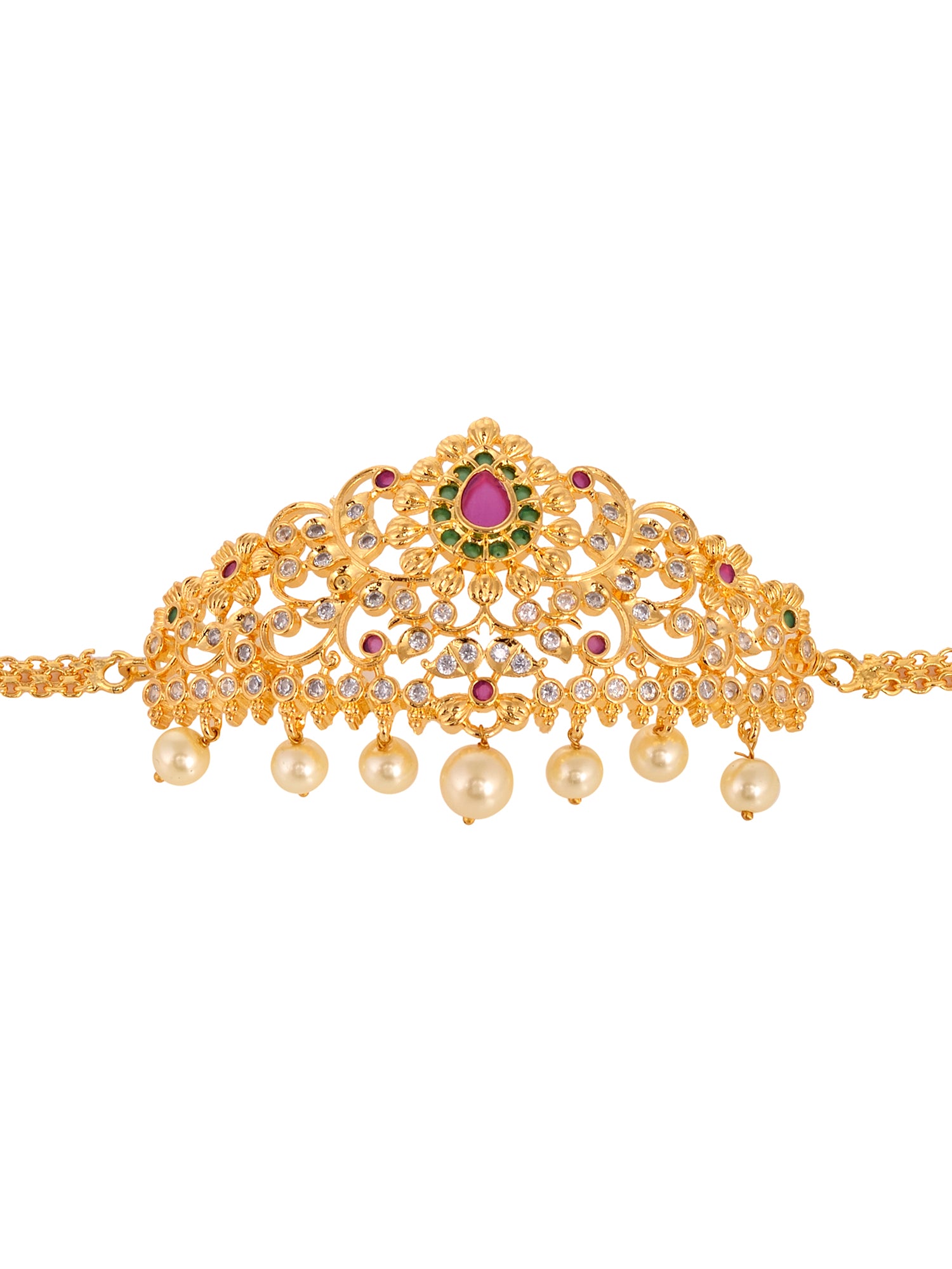 Gold Plated Red AD Studded Pearl Beaded Armlet Bracelet