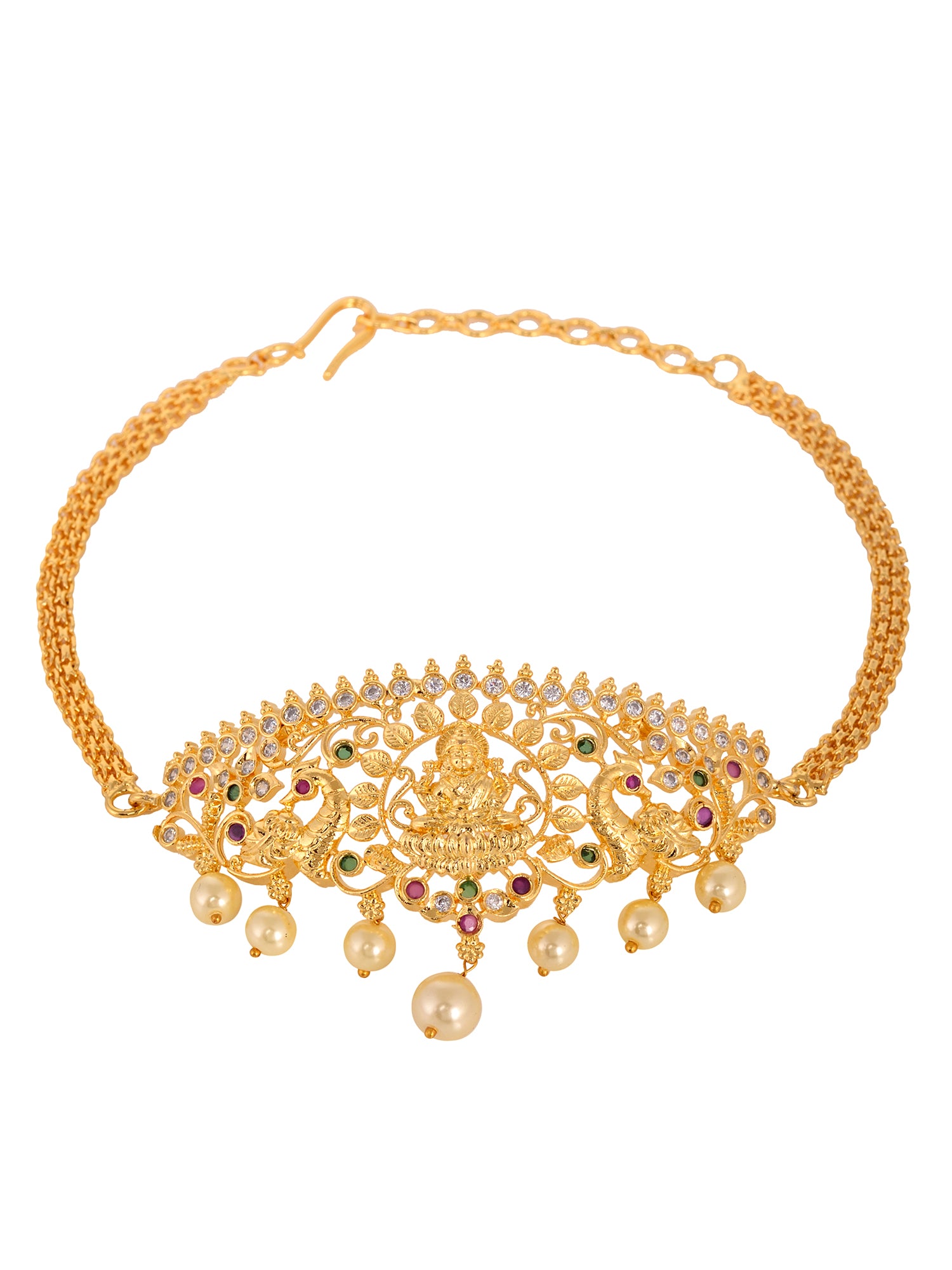 Gold Plated White AD Studded Goddess Lakshmi Temple Armlet Bracelet