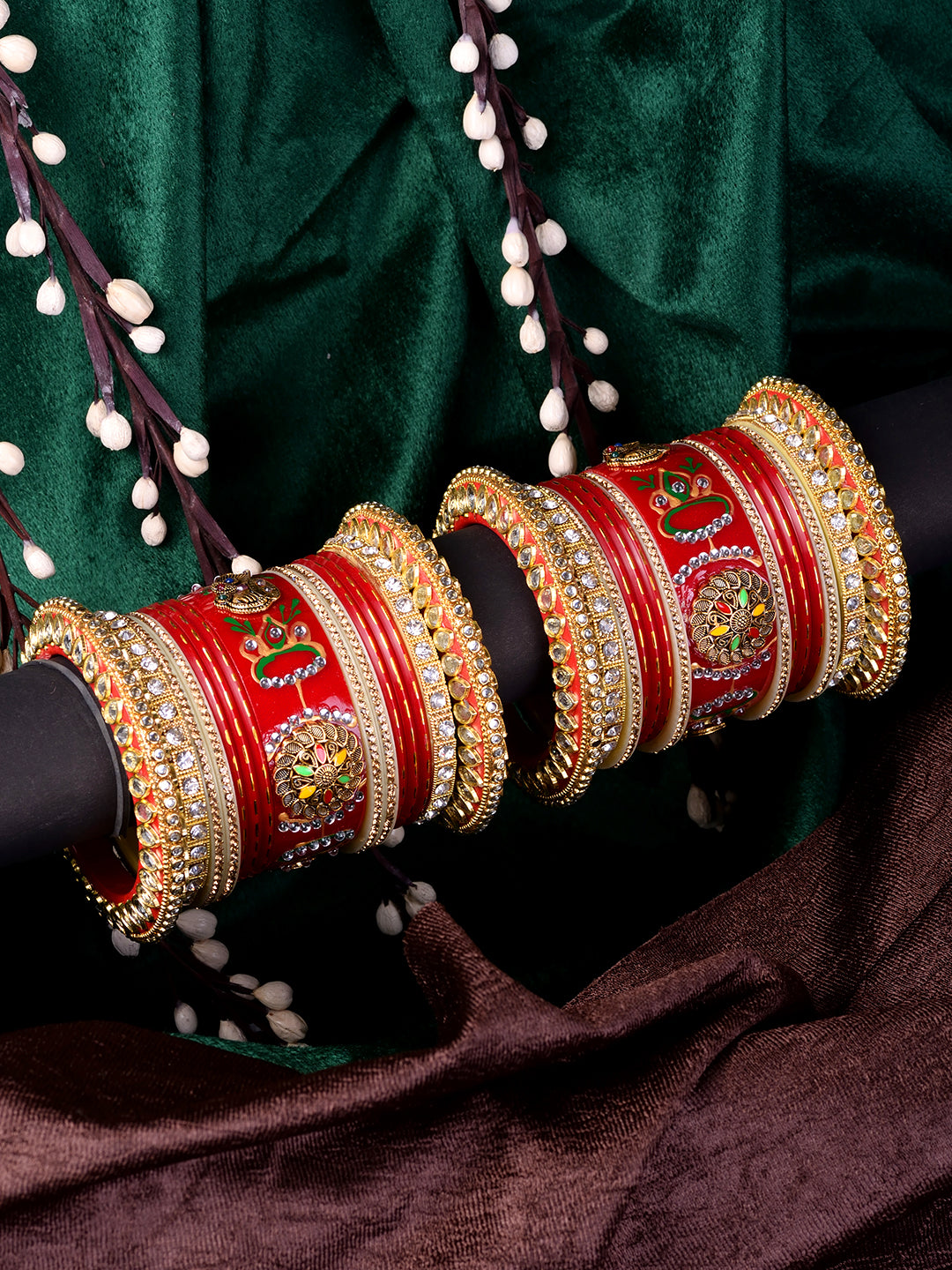 Gold Plated Set Of 2 Matching Red Bangles Kundan Studded Bridal Chuda