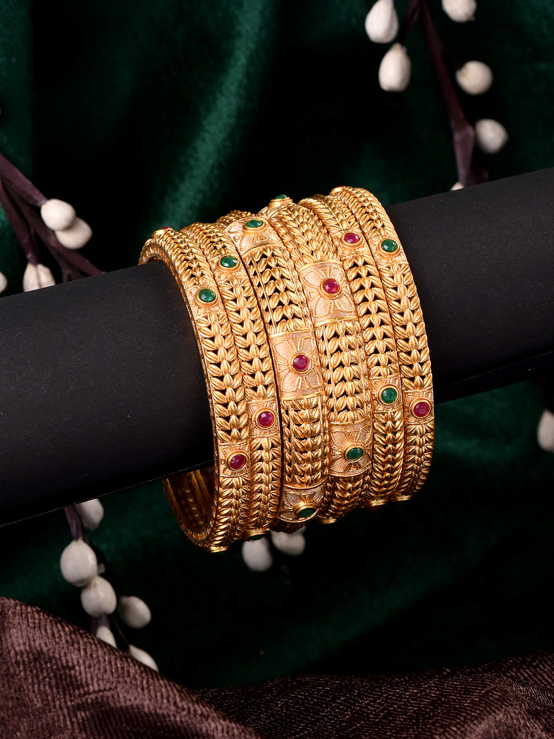 Set Of 6 24 CT Gold Plated Red Stone Studded Handcrafted Bangles For Regular Use