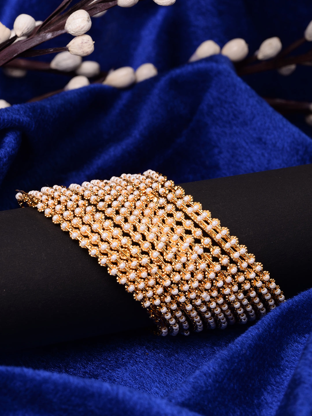 Set Of 12 Gold Plated & Pearl Studded Bangles