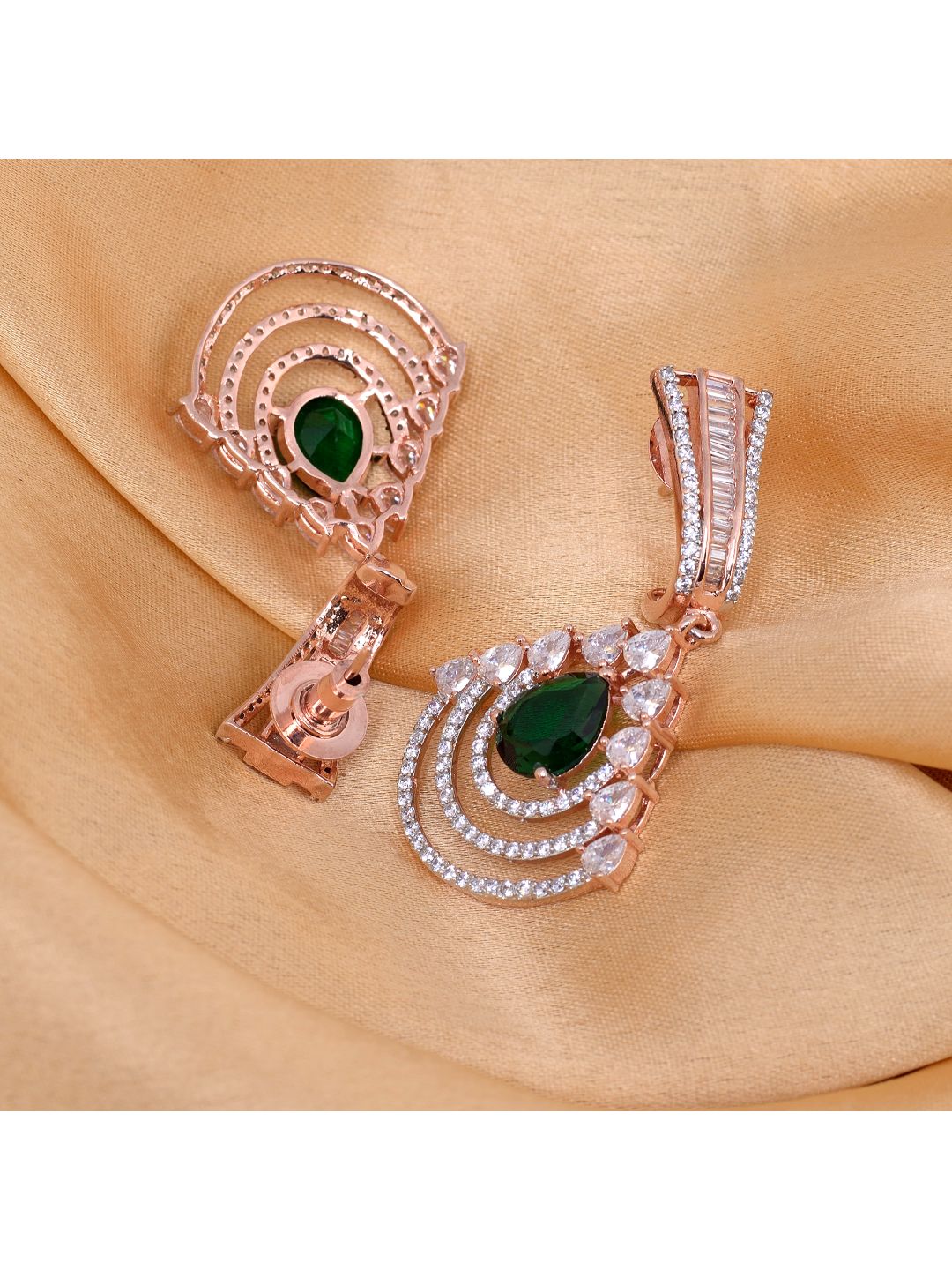 Exquisite diamond and emerald danglers, rose gold plated