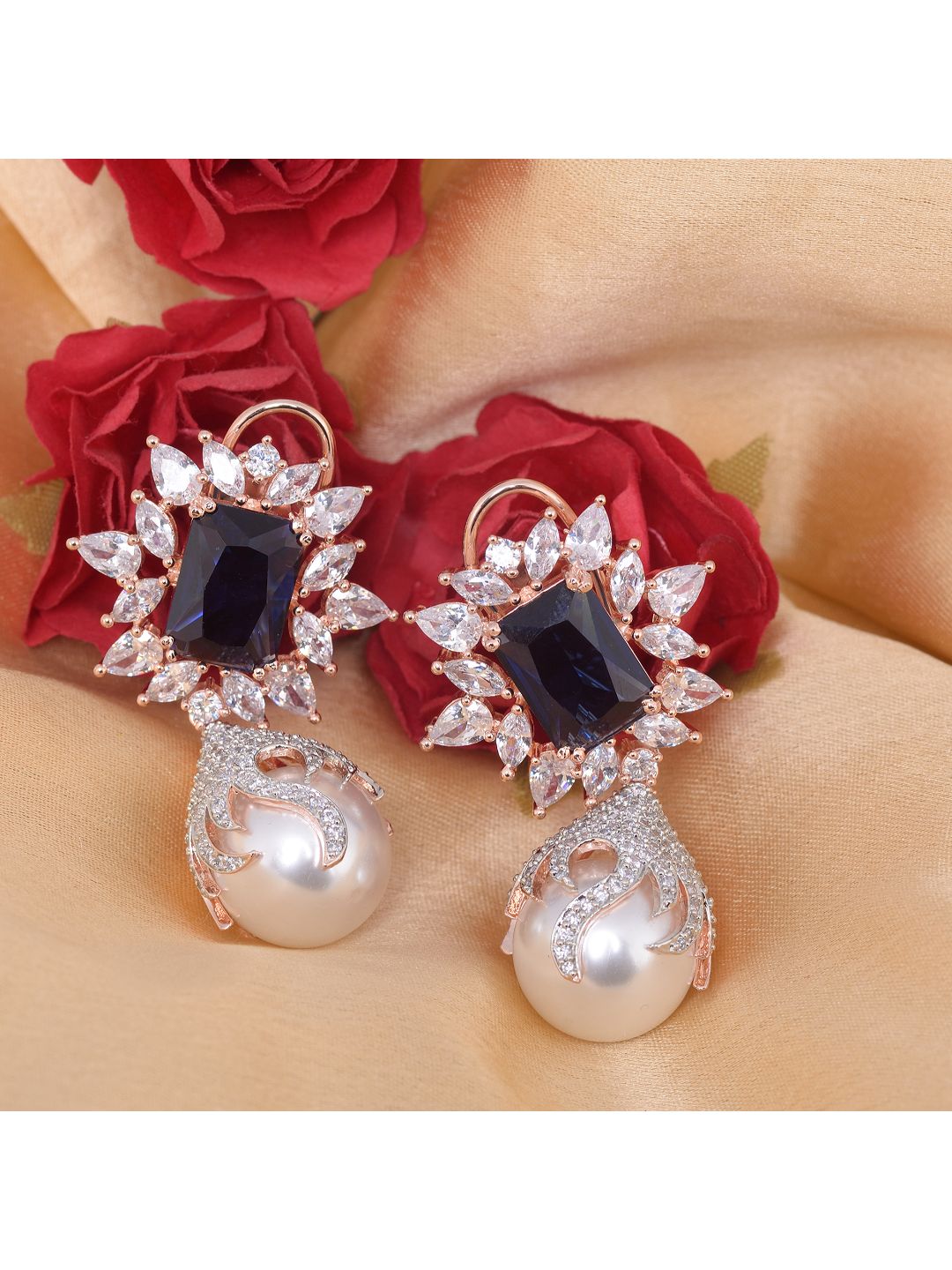 Royal Sapphire studded pearl drop earrings