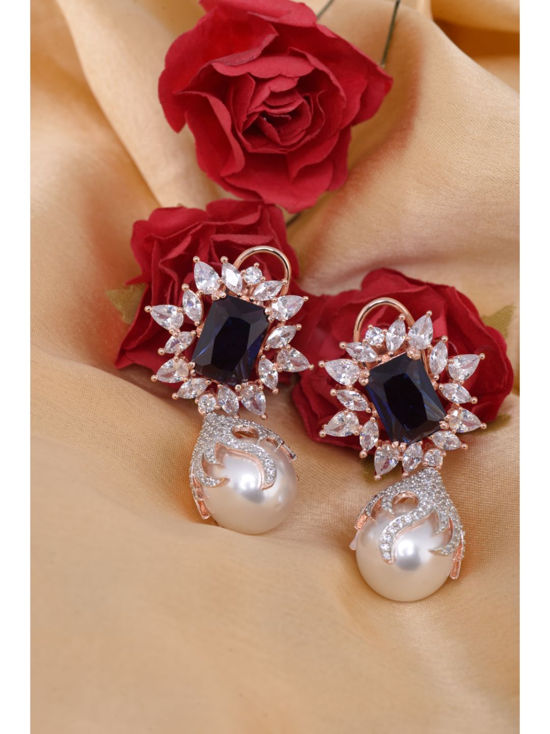 Royal Sapphire studded pearl drop earrings