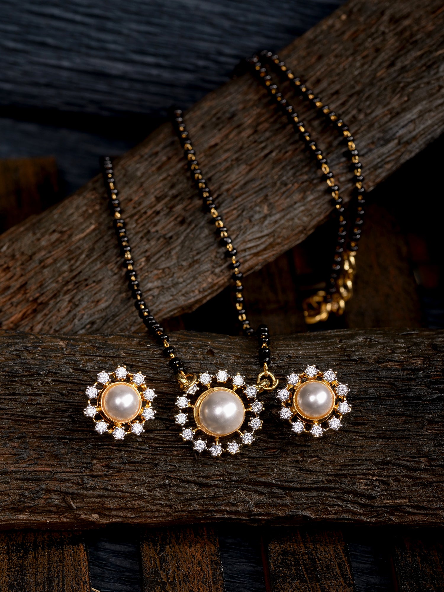 Gold Plated Black & White AD Studded & Beaded Mangalsutra Earrings