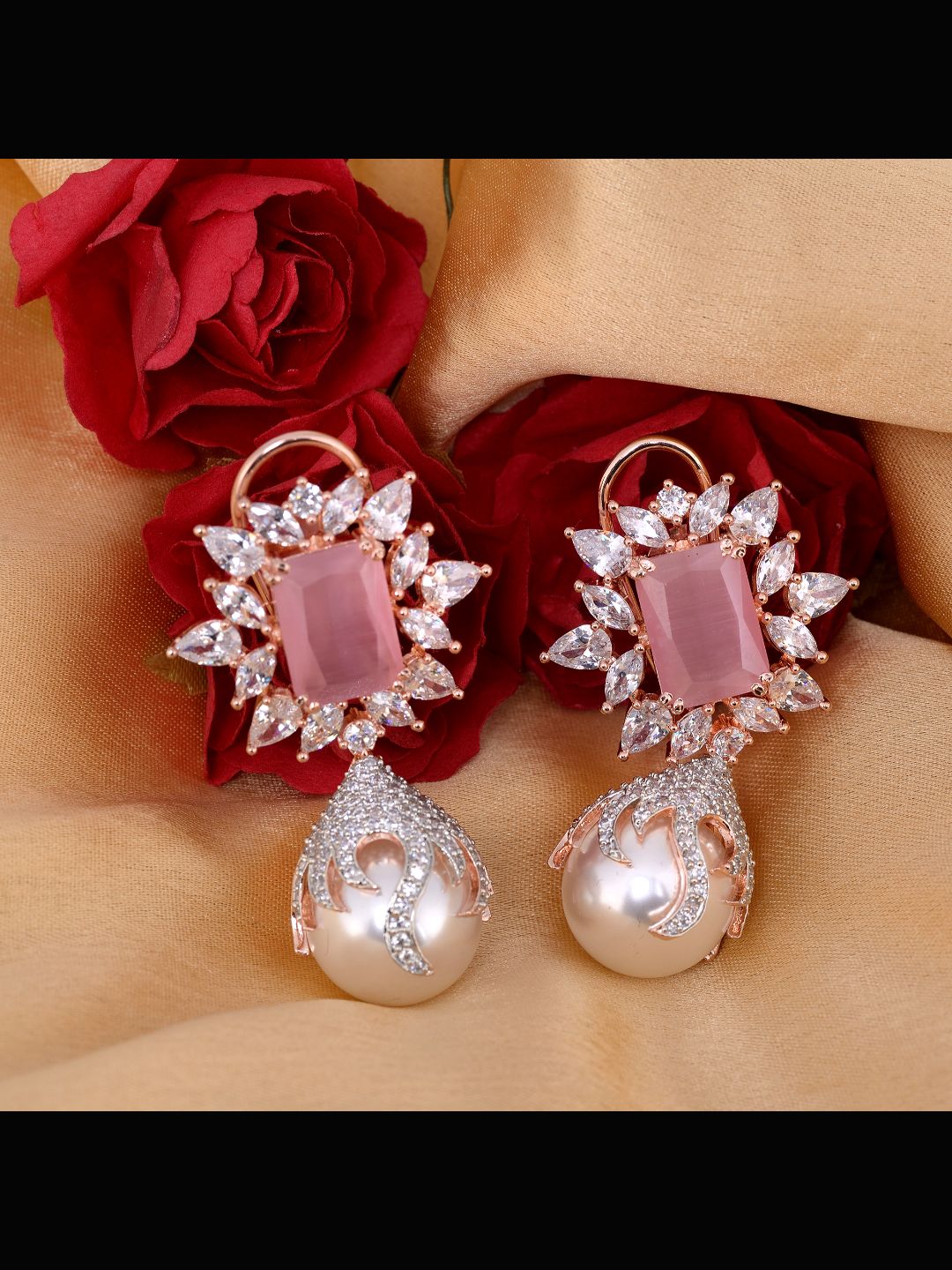 Royal Pink studded pearl drop earrings