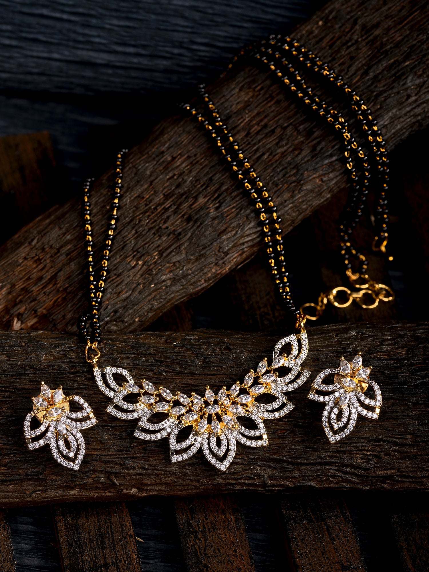 Gold Plated Black & White AD Studded & Beaded Mangalsutra Earrings