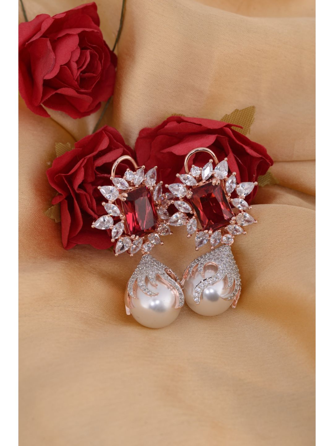 Royal Ruby studded pearl drop earrings
