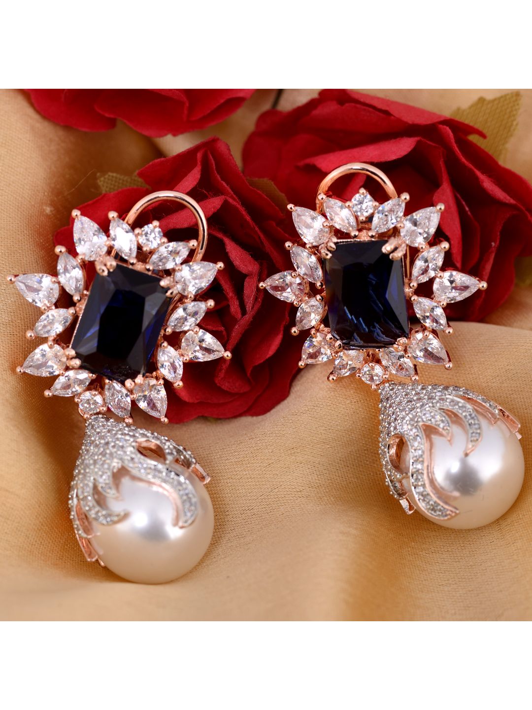 Royal Sapphire studded pearl drop earrings