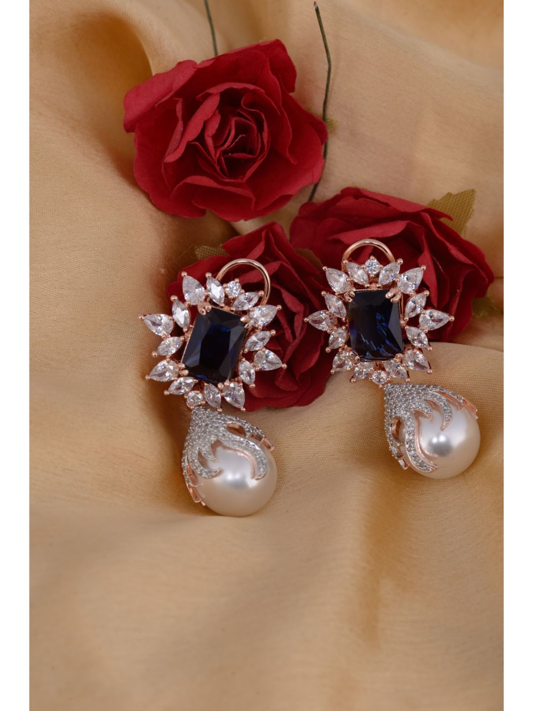 Royal Sapphire studded pearl drop earrings