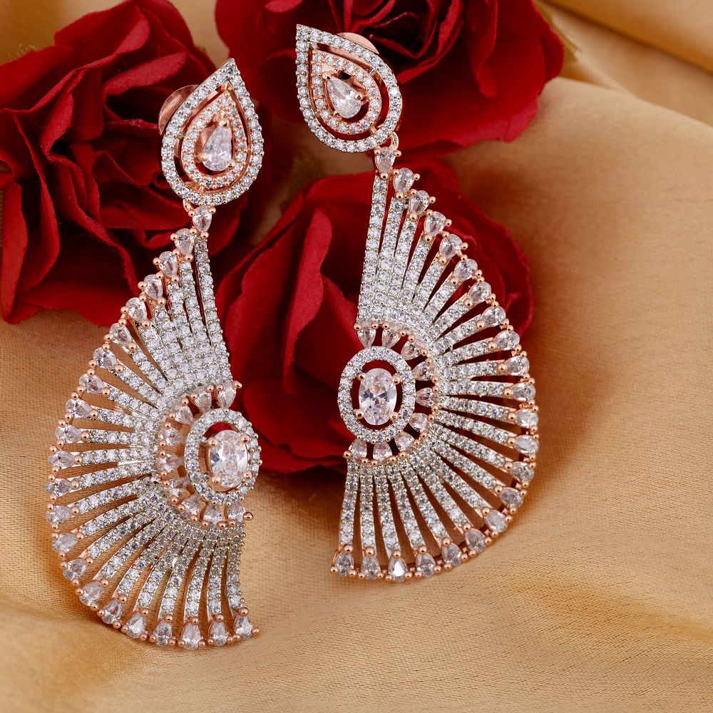 Semicircular diamond drop earrings, rose gold plated