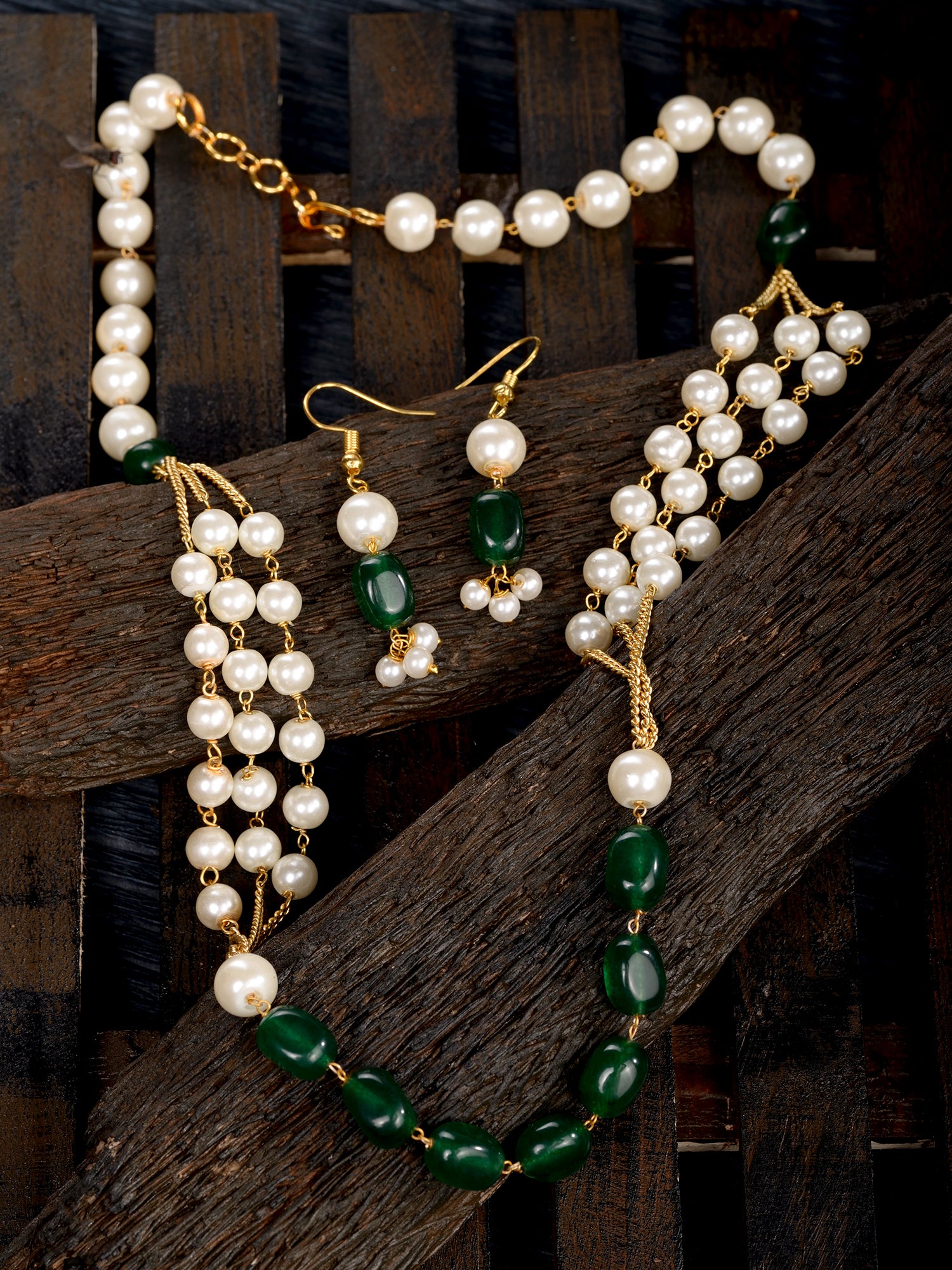Gold Toned Multi Layered White & Green Pearls Beaded Mala Jewellery Set Earrings