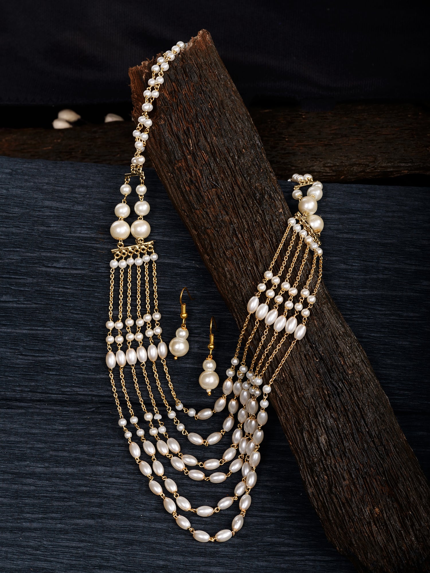 White Pearls Multi Layered Elegant Mala Jewellery Set Dropdown Earrings