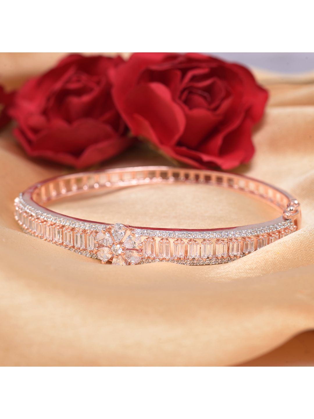 Rose Gold plated AD studded Floral design Bracelet for Women & Girls