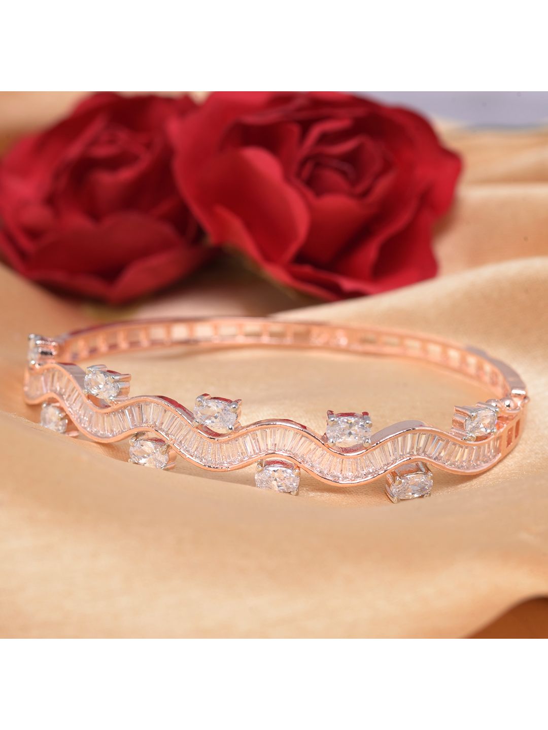 Rose Gold plated AD studded Wavy Pattern Bracelet for Women & Girls