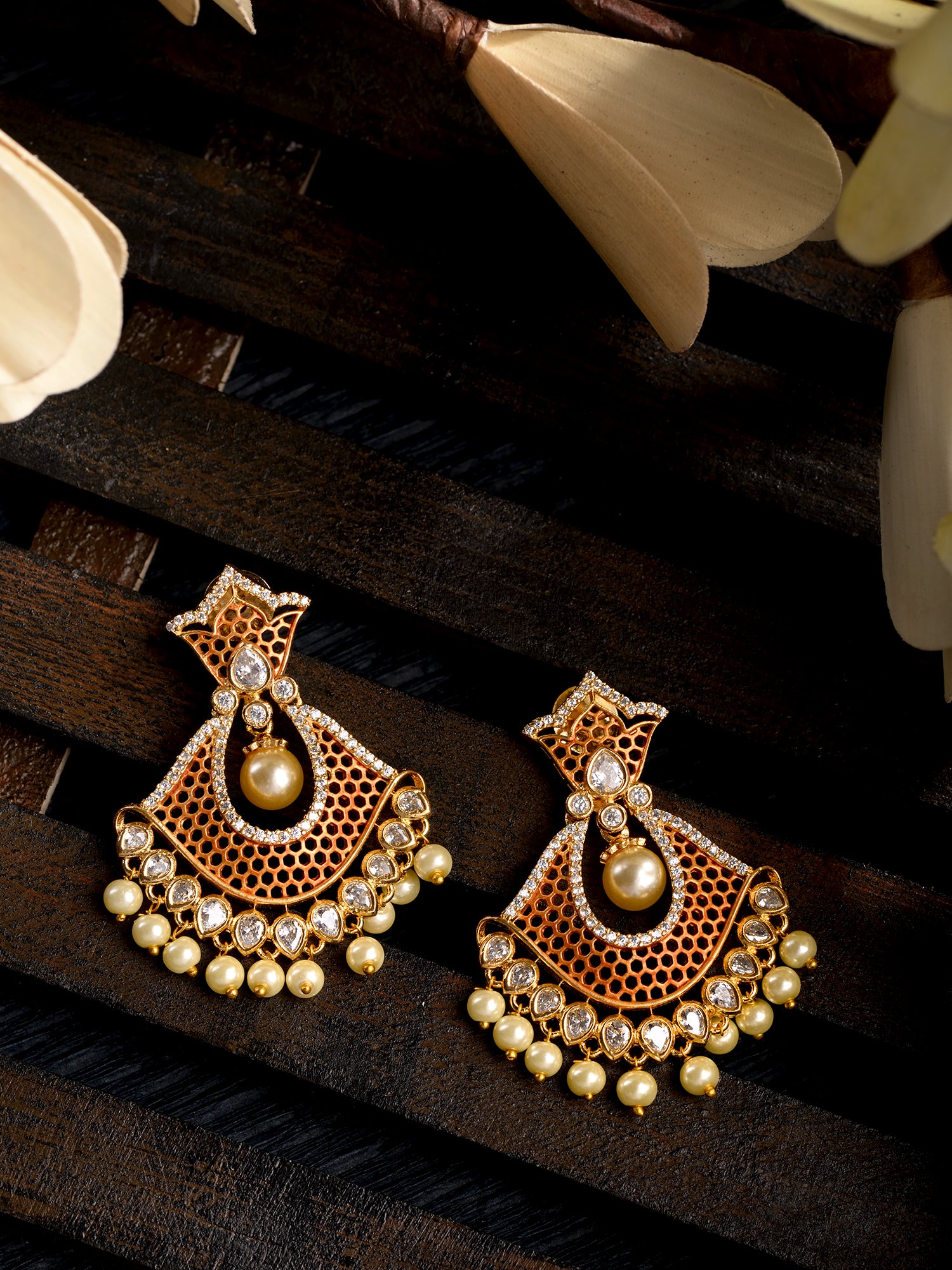 Rose Gold Plated AD Studded Modern Chandbali Pearl Drop Earrings