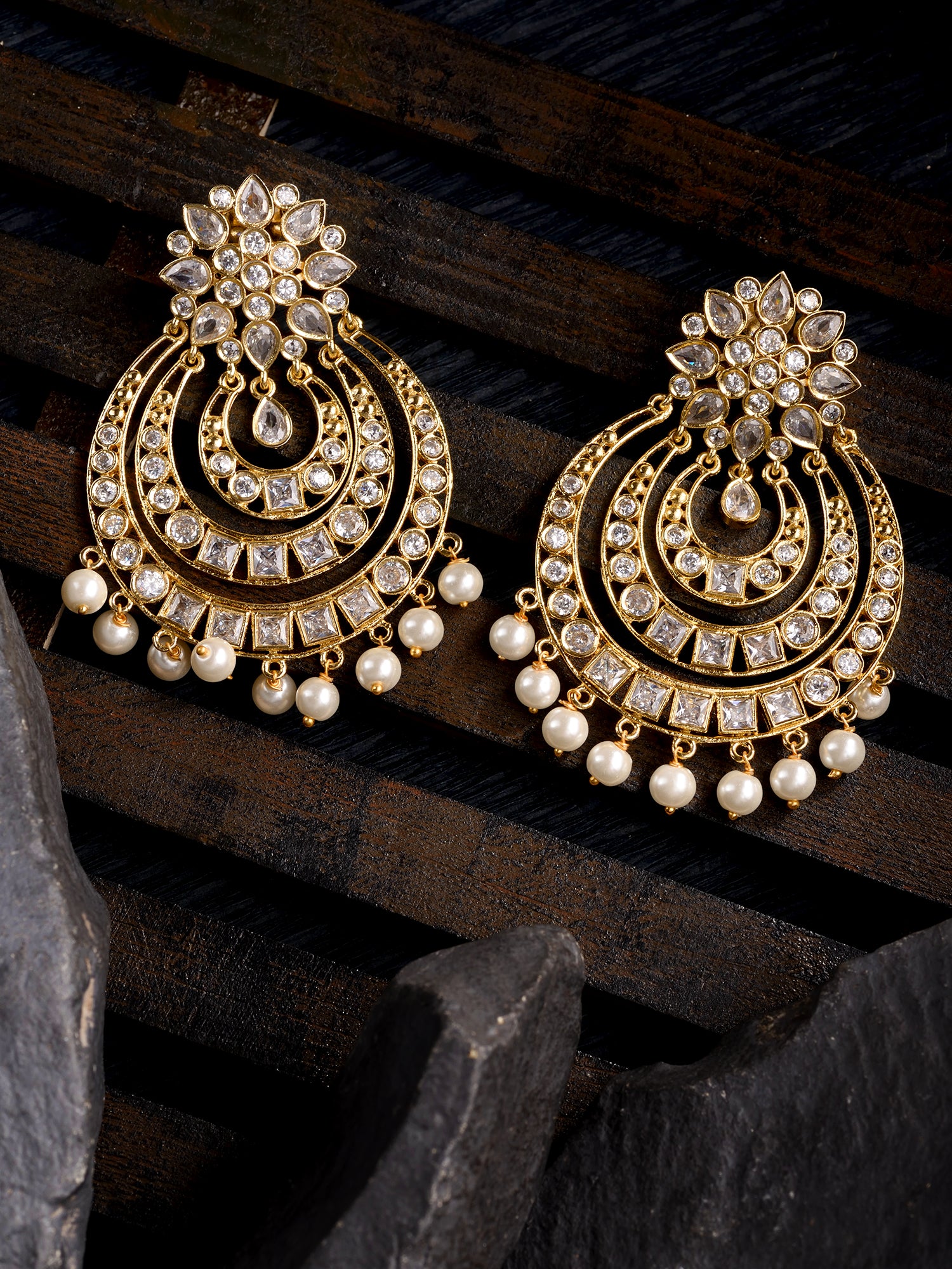 Gold Plated Contemporary Chandbali AD Studded Pearl Drop Earrings