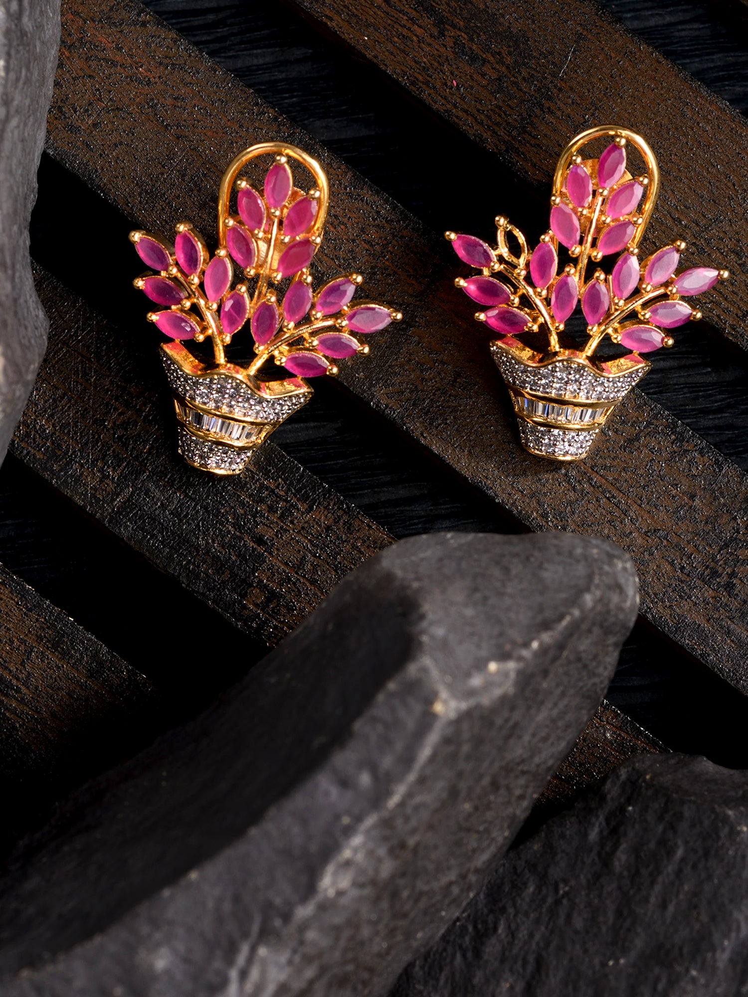 Gold Plated Red AD Studded Flower Bouquet Shaped Stud Earrings