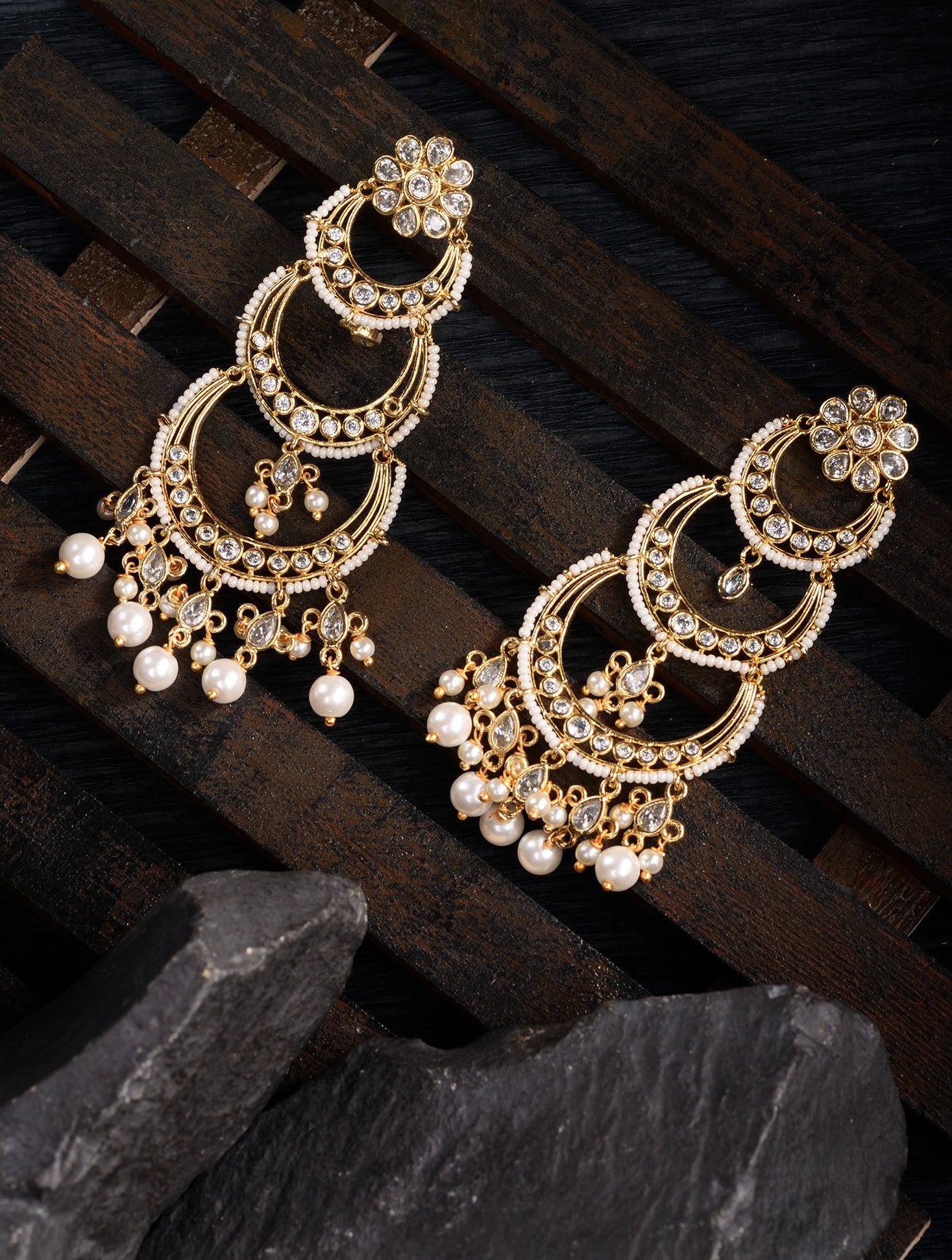 Gold Plated White AD Studded Pearl Drop Contemporary Long Chandbali Earrings