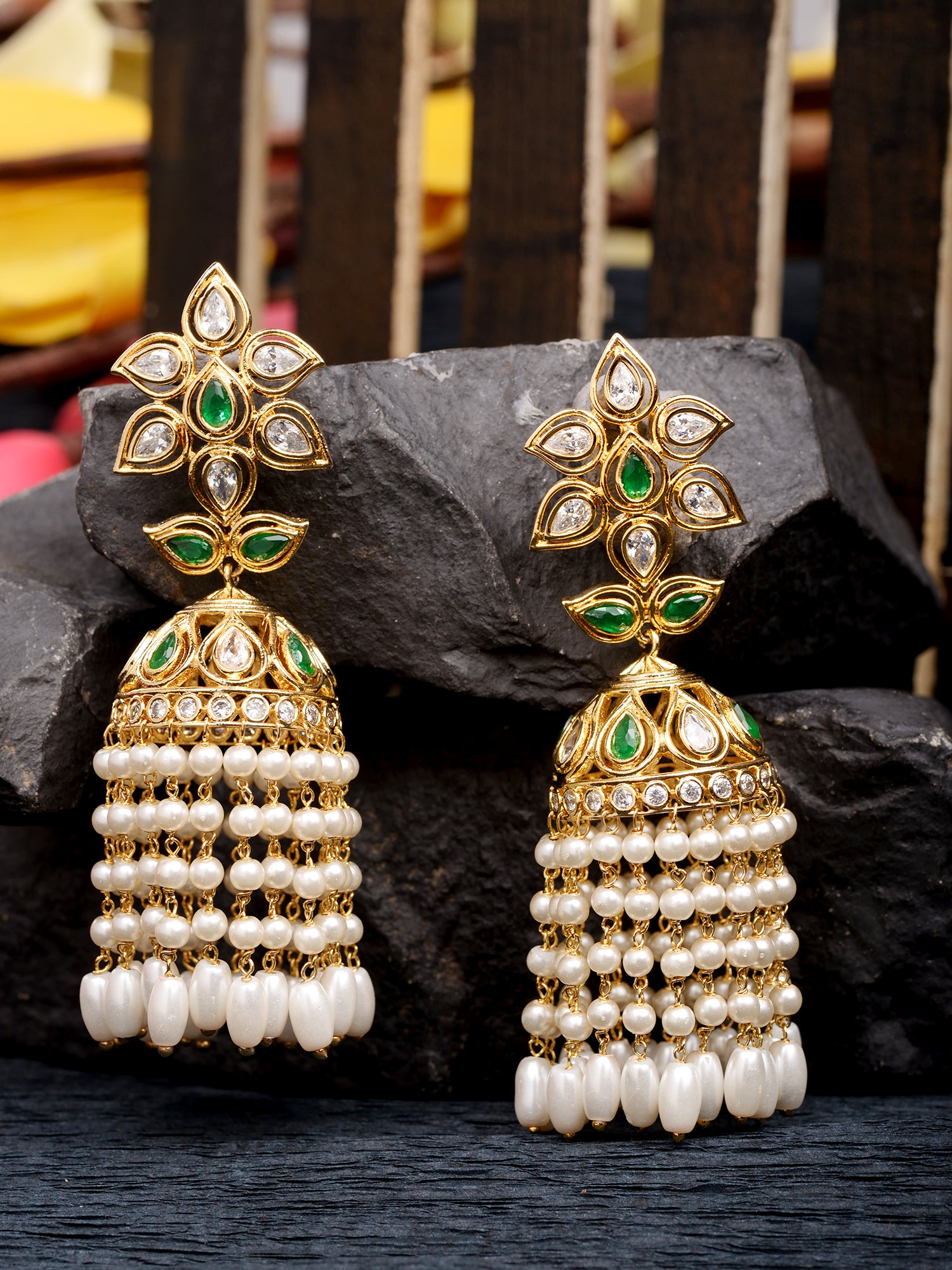 Gold Plated Green AD Studded Contemporary Pearl Drop Jhumki Earrings