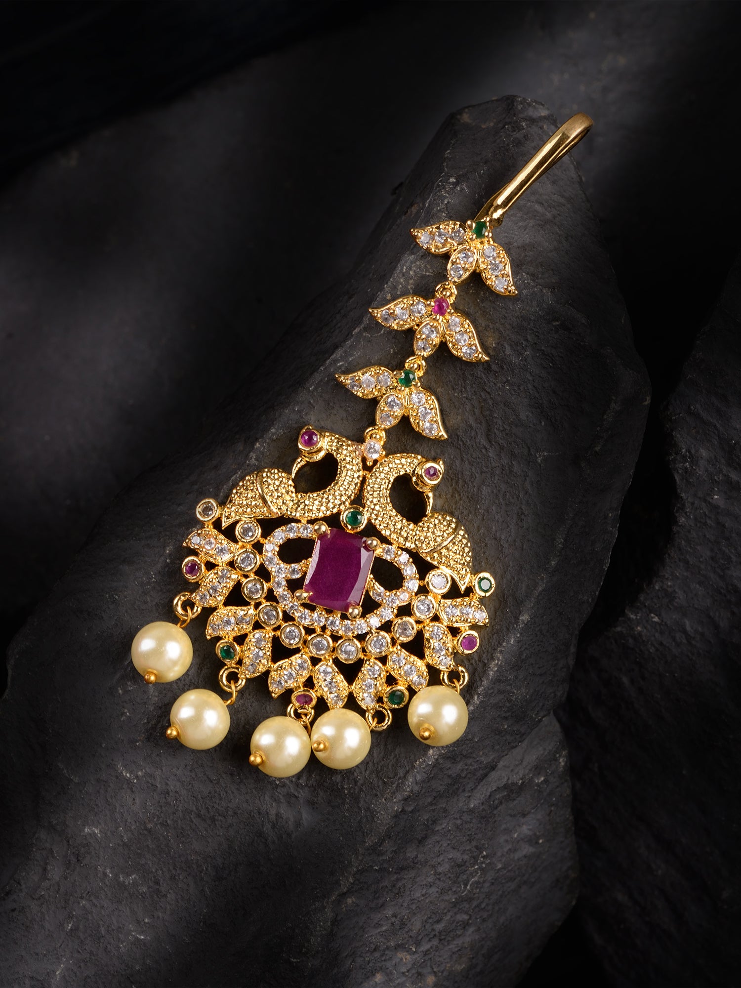 Gold Plated Red AD Studded Pearl Beaded Peacock Mangtikka
