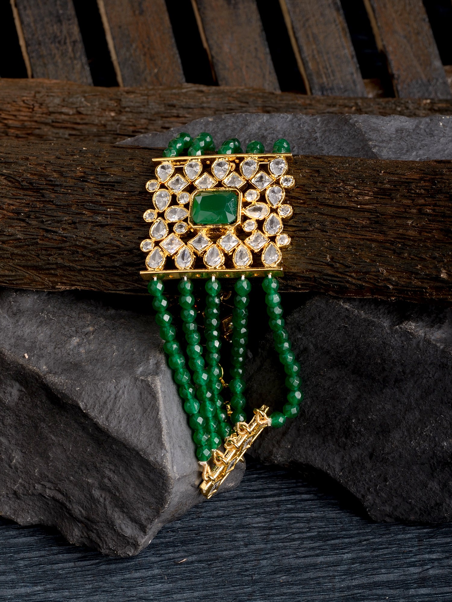 Gold Plated White Polki Green Beads Wraparound Bracelet