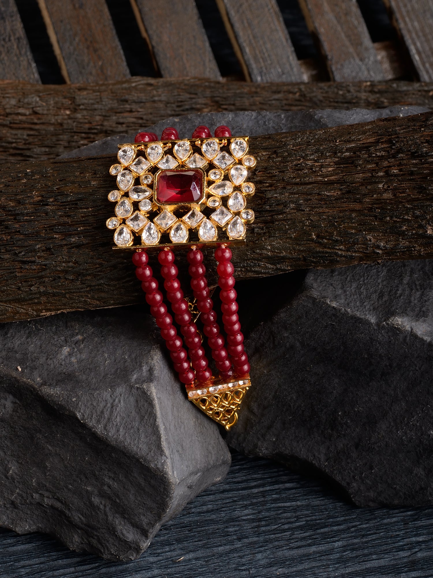 Gold Plated Red and White Polki Red Beads Wraparound bracelet