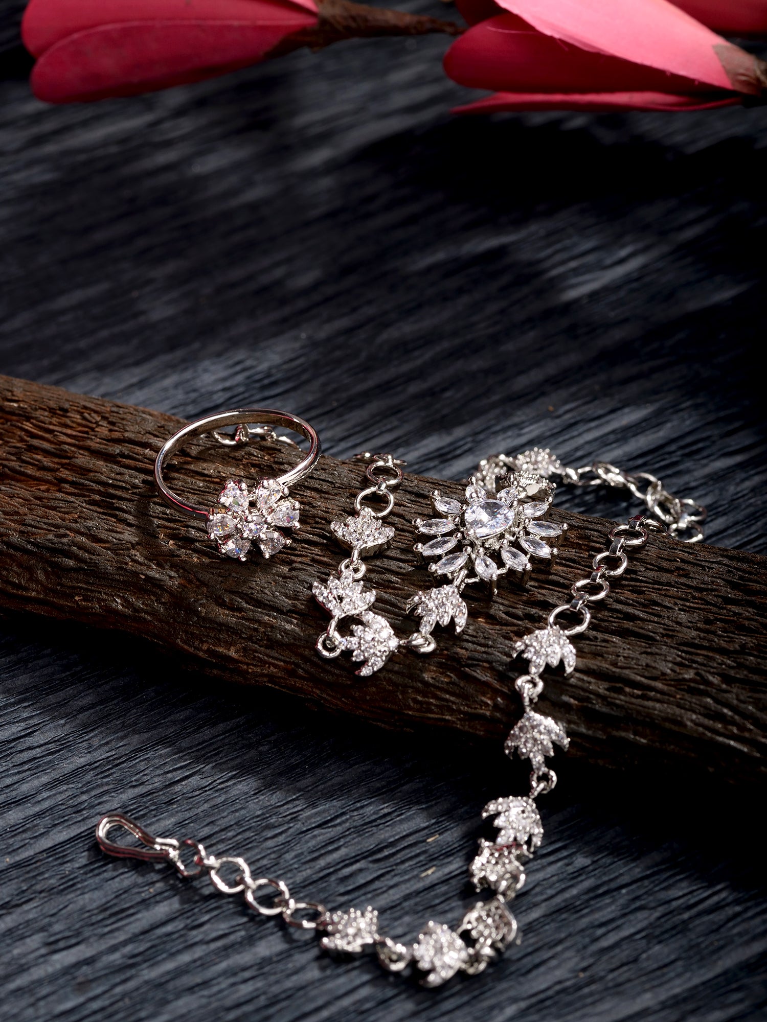 Silver Plated White AD studded Modern Wraparound Ring Bracelet