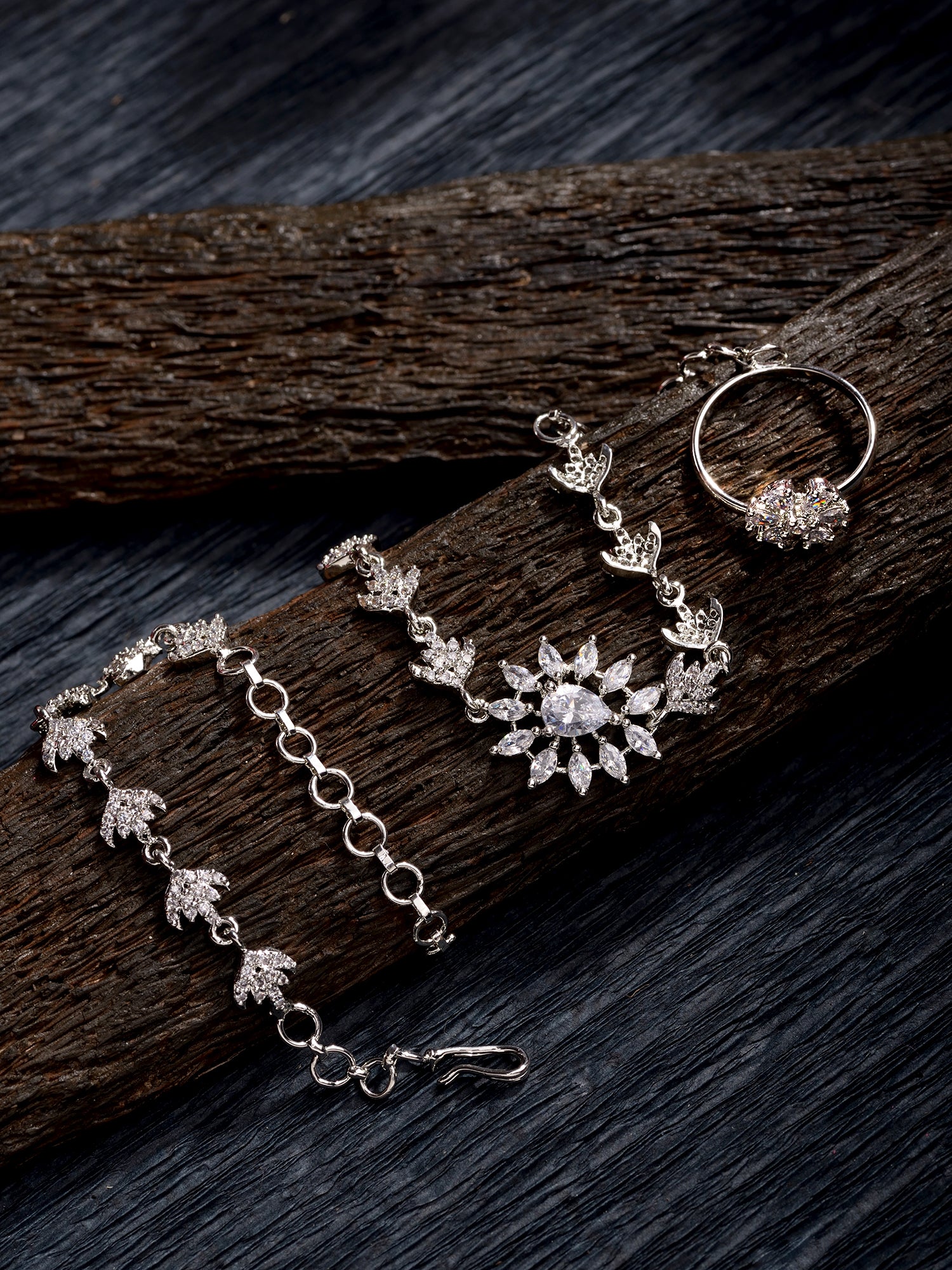 Silver Plated White AD studded Modern Wraparound Ring Bracelet