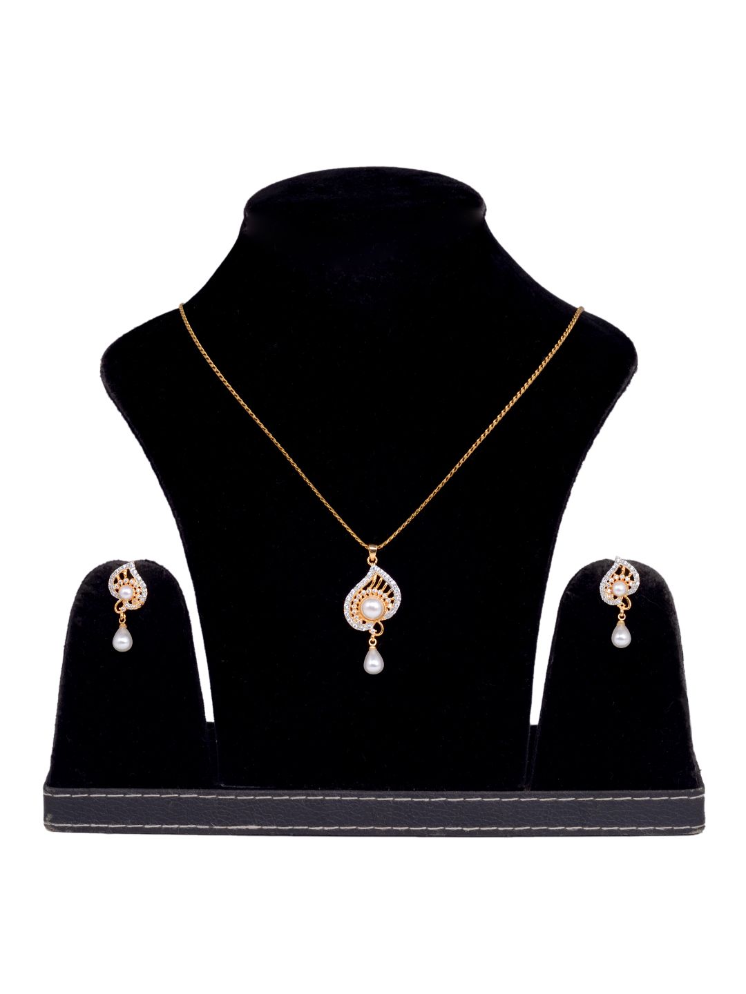 Gold plated AD and Pearl studded Unique leaf design Pendant Earrings set chain for Women & Girls