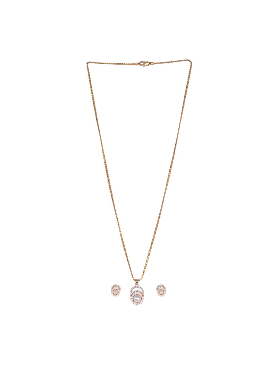 Gold plated AD and Pearl studded Pendant Earrings set chain for Women Girls