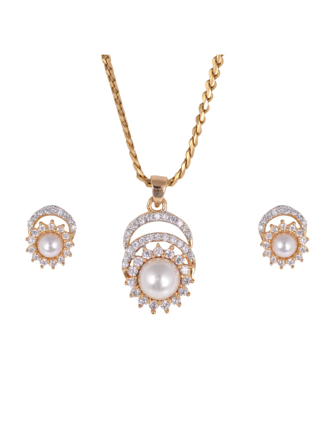 Gold plated AD and Pearl studded Pendant Earrings set chain for Women Girls