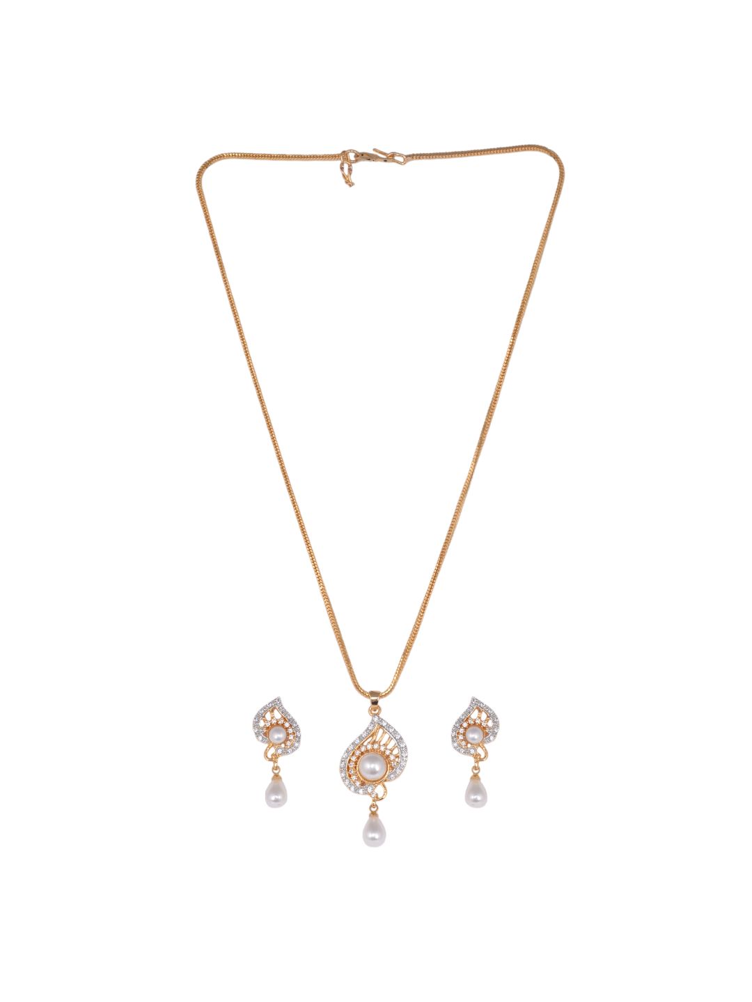 Gold plated AD and Pearl studded Unique leaf design Pendant Earrings set chain for Women & Girls