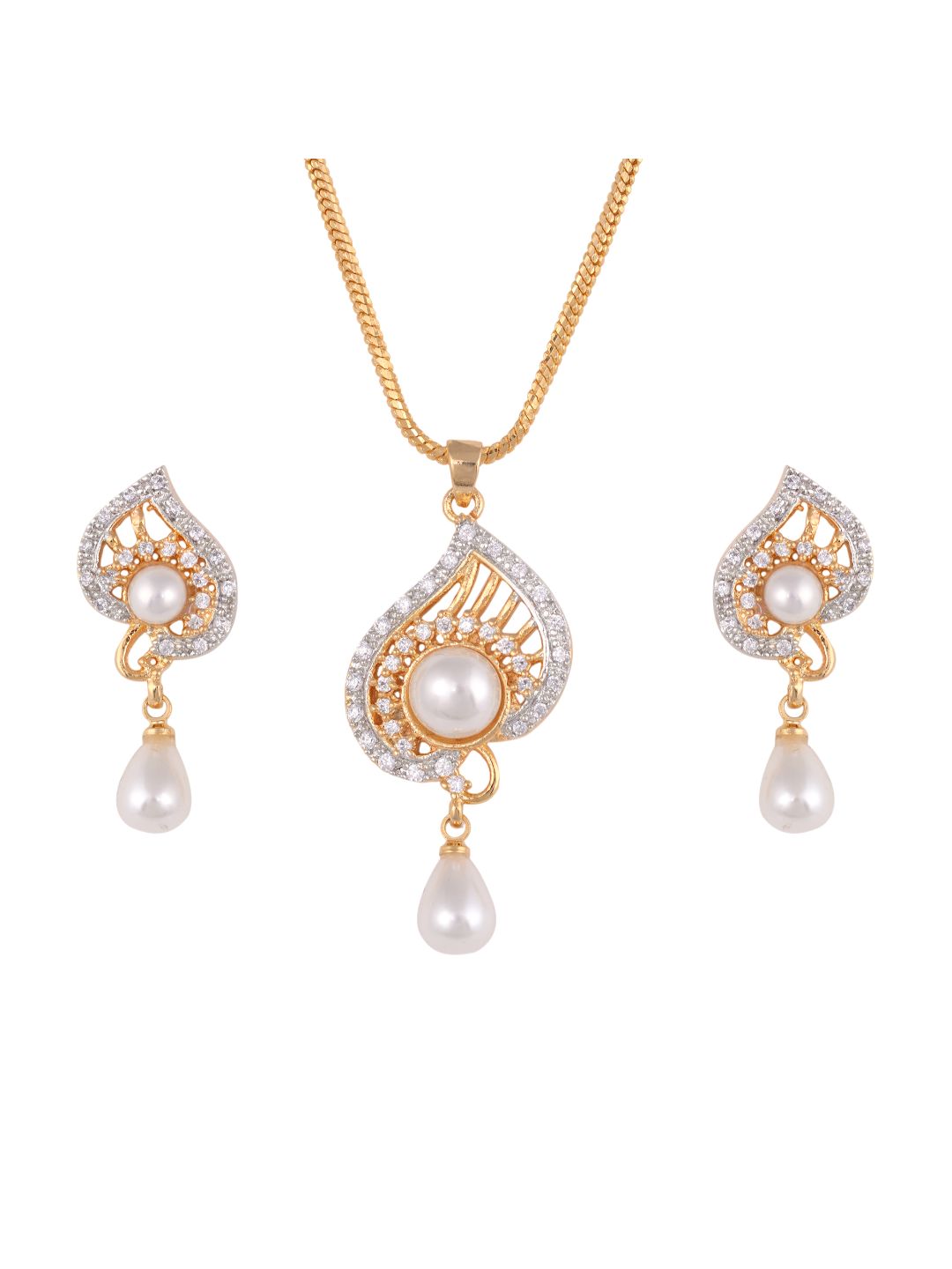Gold plated AD and Pearl studded Unique leaf design Pendant Earrings set chain for Women & Girls