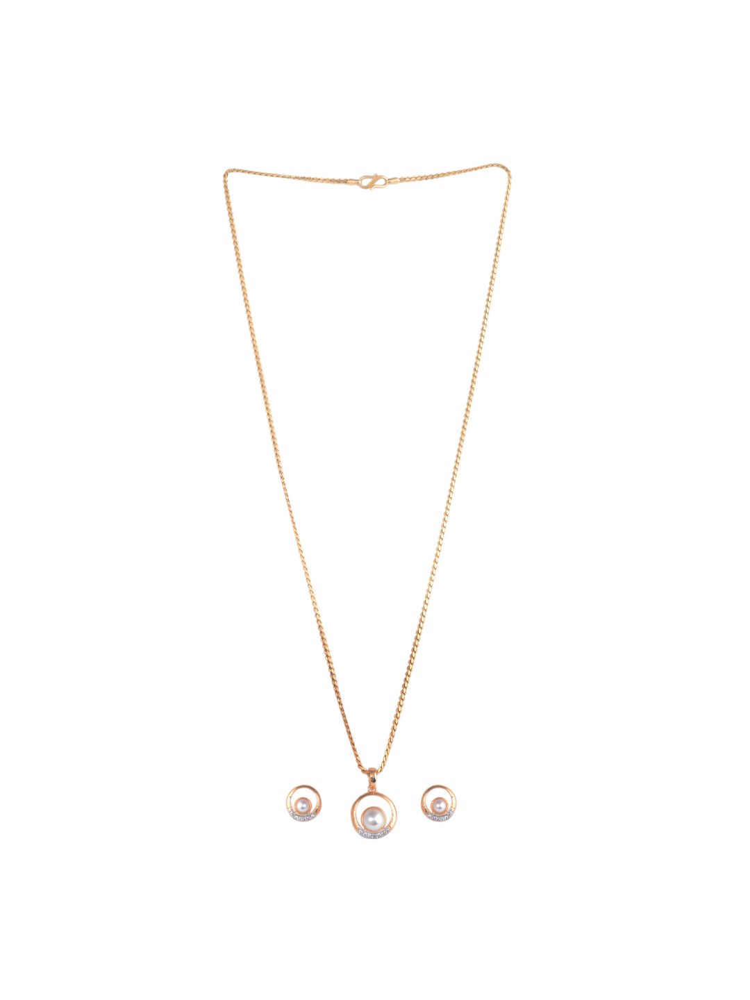 Gold plated AD and Pear studded Elegant Pendant Earrings set chain for Women & Girls