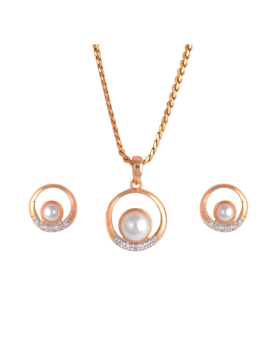 Gold plated AD and Pear studded Elegant Pendant Earrings set chain for Women & Girls