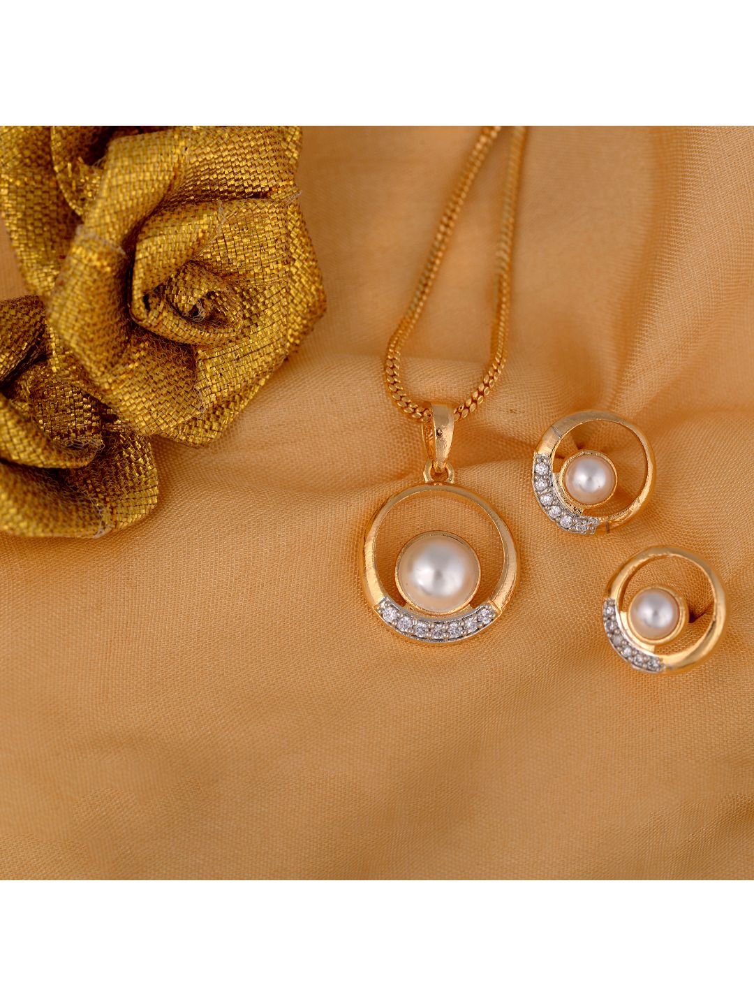 Gold plated AD and Pear studded Elegant Pendant Earrings set chain for Women & Girls