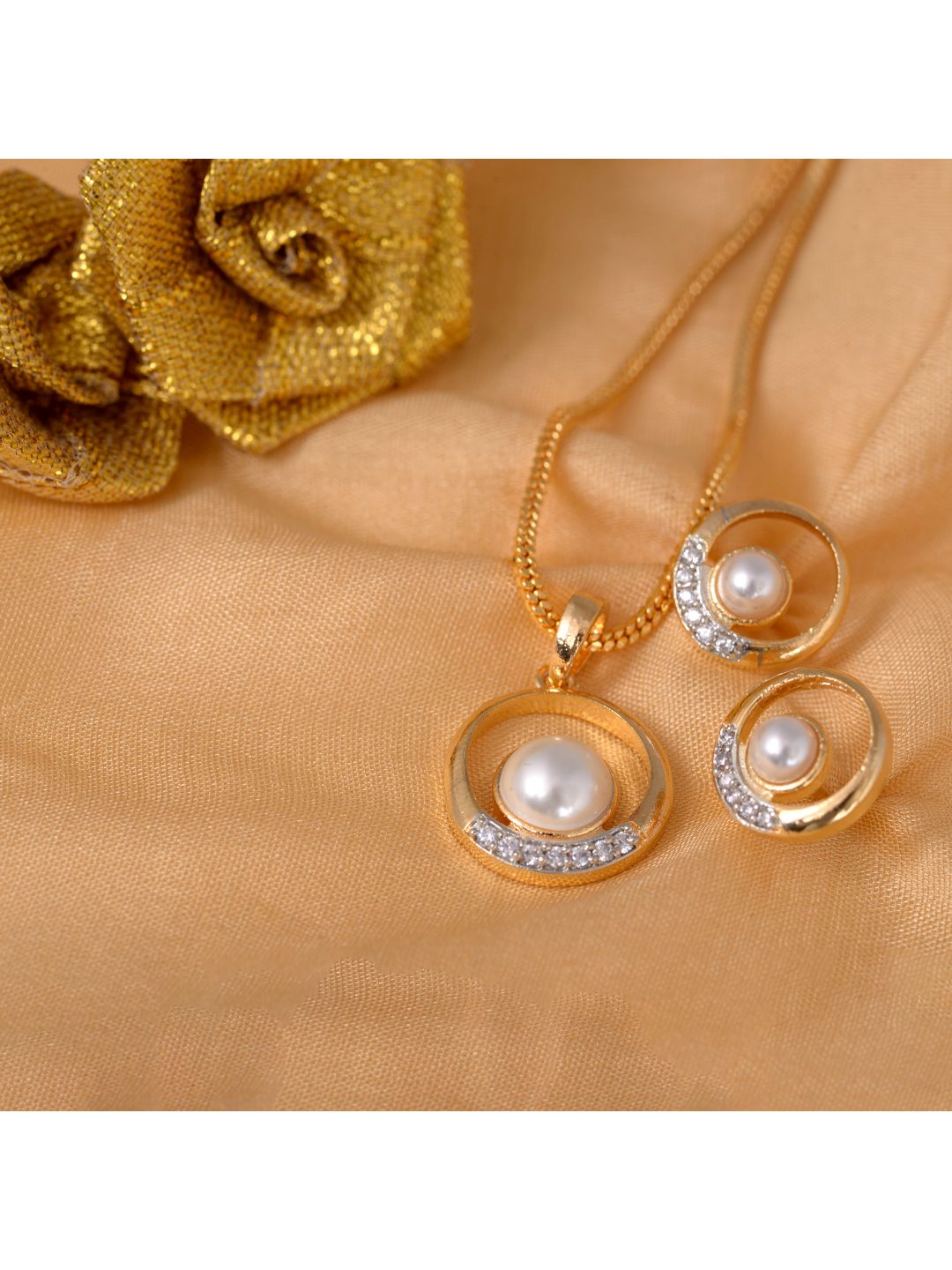 Gold plated AD and Pear studded Elegant Pendant Earrings set chain for Women & Girls