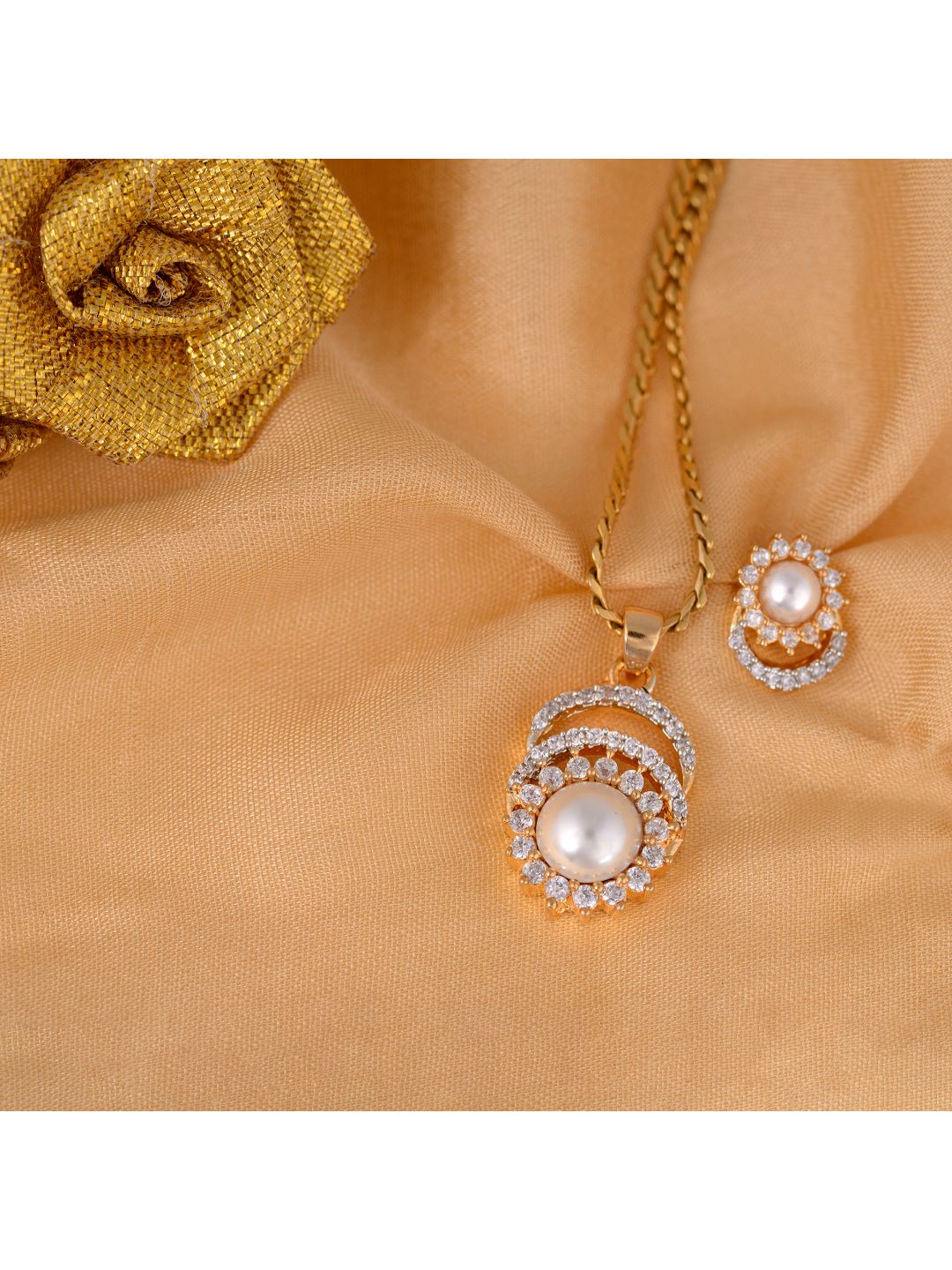 Gold plated AD and Pearl studded Pendant Earrings set chain for Women Girls