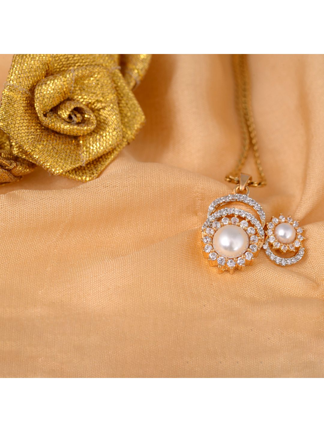 Gold plated AD and Pearl studded Pendant Earrings set chain for Women Girls