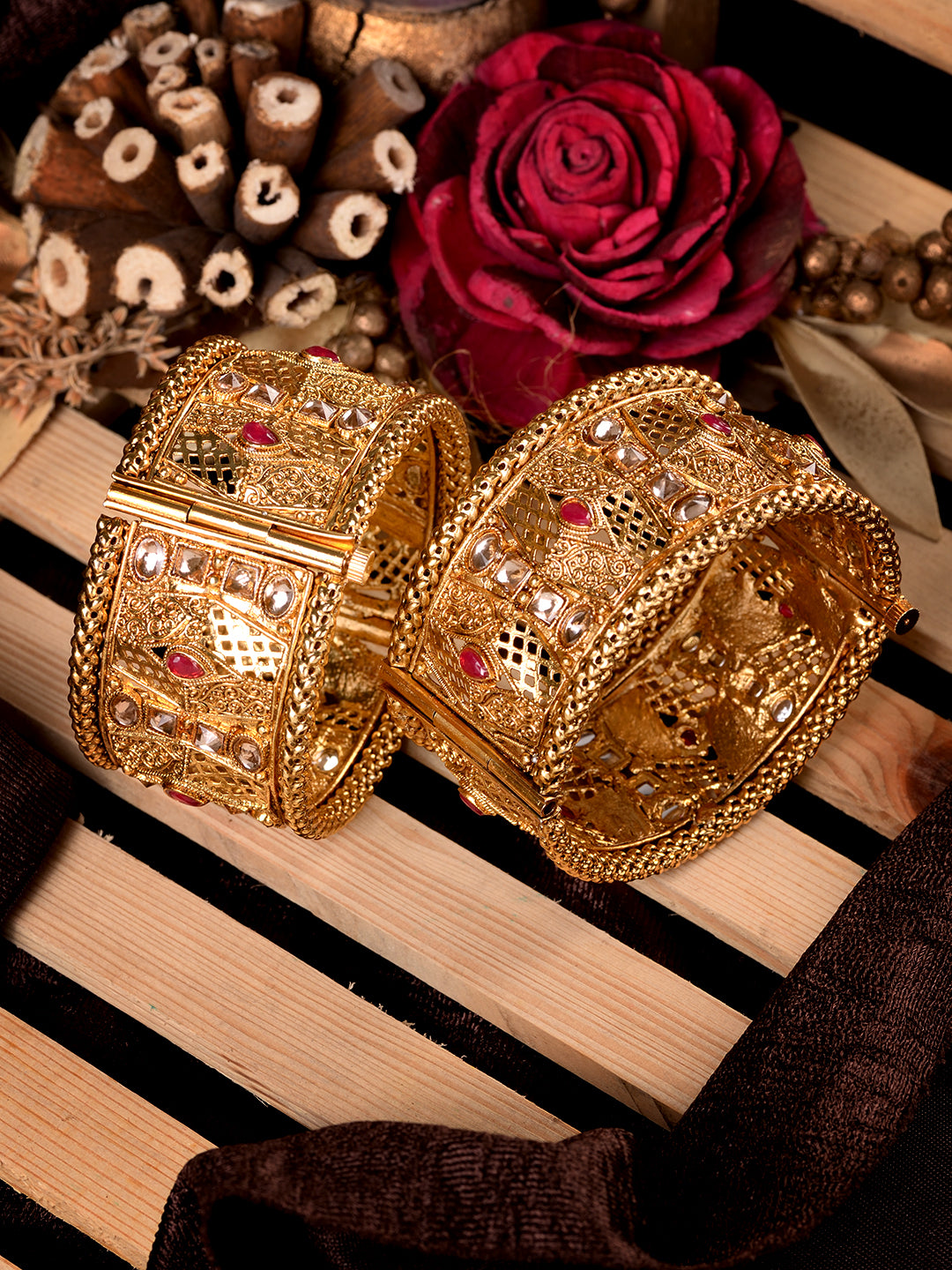 Set Of 2 Gold Plated Multi stone Studded Antique Bangles