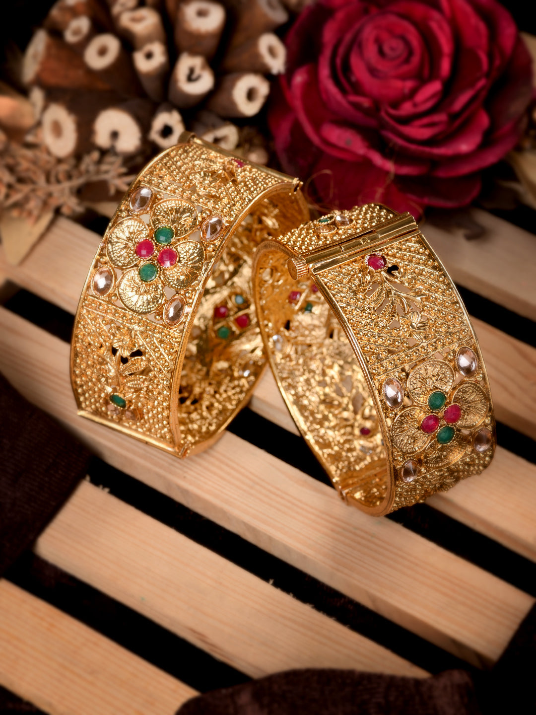 Set Of 2 Gold Plated Multi stone Studded Antique Bangles