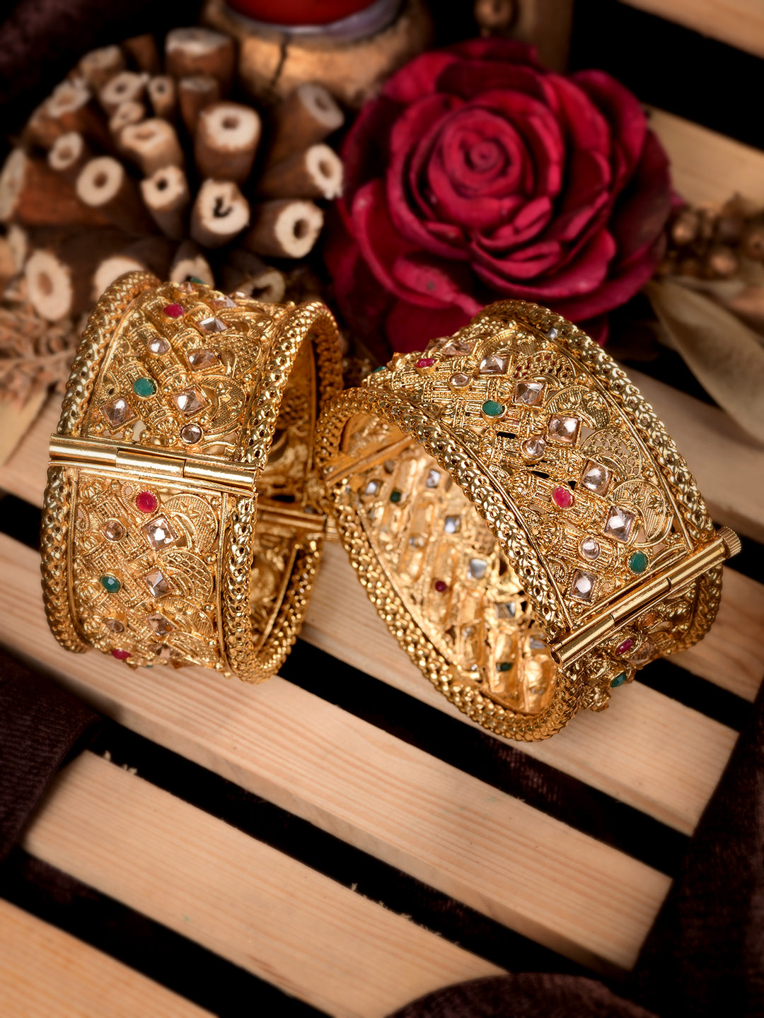 Set Of 2 Gold Plated Multi stone Studded Embellished Bangles