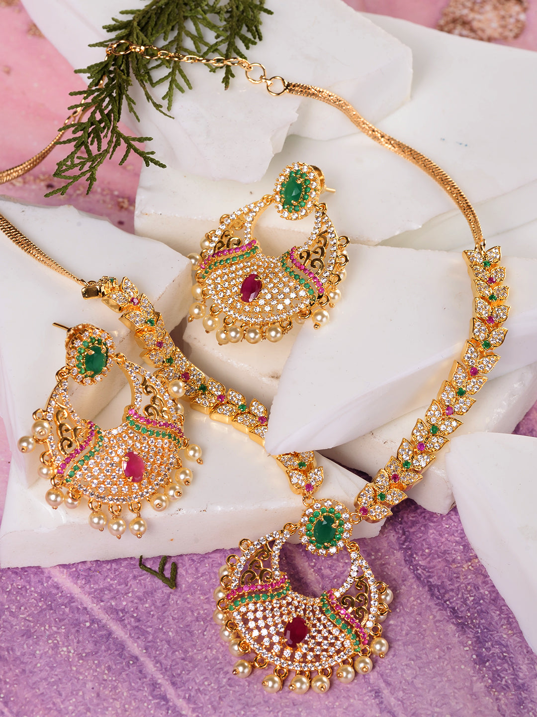 Gold Plated Multi AD & Pearl studded traditional Pandant Earrings Set